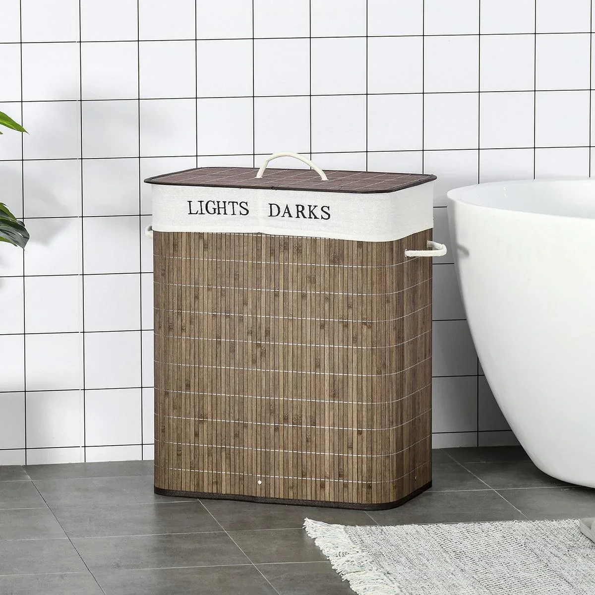 100L Wäschekorb Wäschebox Wäschesammler mit 3 Griffe abnehmbar Bambus Polyester Baumwolle Metall Braun+Weiß 52 x 32 x 63 - 2