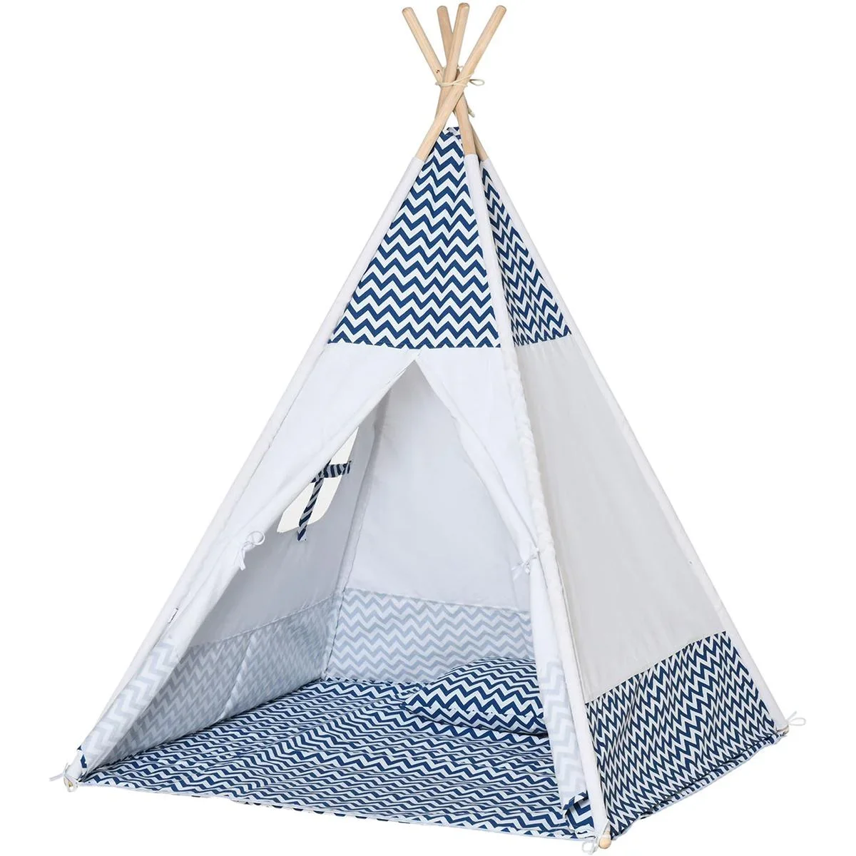 Tipi-Zelt für Kinder - inkl. Bodenmatte und Kissen - Blau/Weiß - 120 x 120 x 155 cm - 1