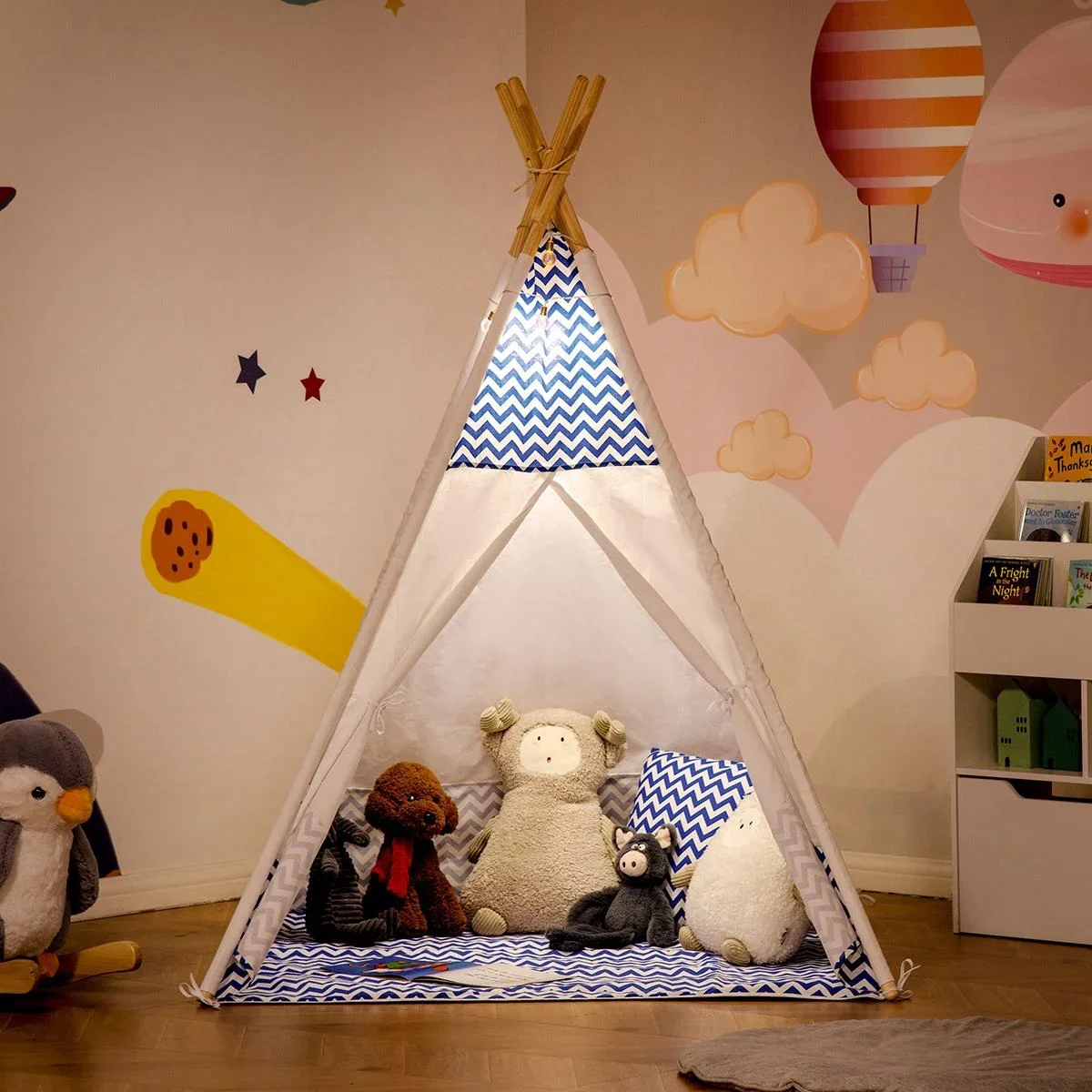 Tipi-Zelt für Kinder - inkl. Bodenmatte und Kissen - Blau/Weiß - 120 x 120 x 155 cm - 2