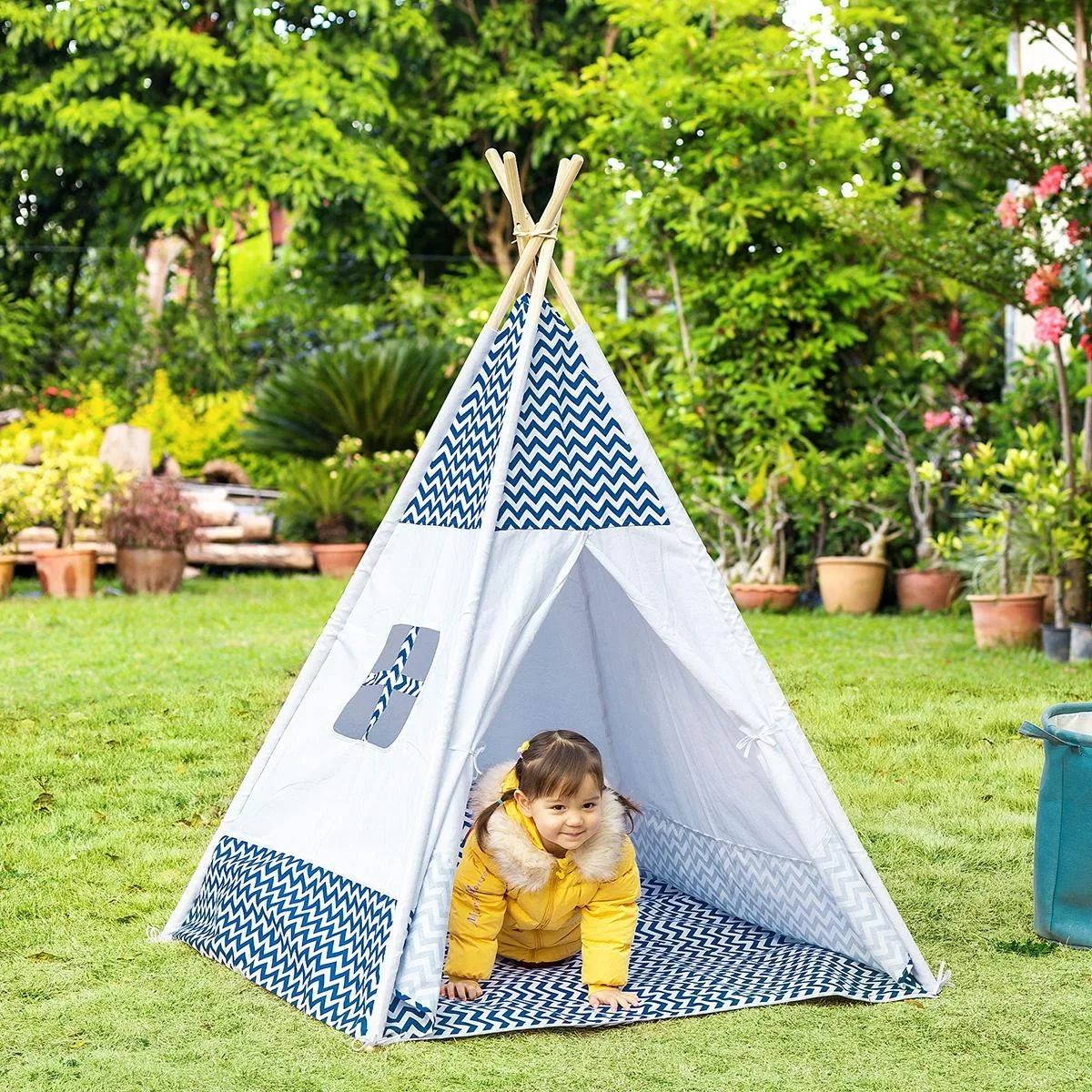 Tipi-Zelt für Kinder - inkl. Bodenmatte und Kissen - Blau/Weiß - 120 x 120 x 155 cm - 3