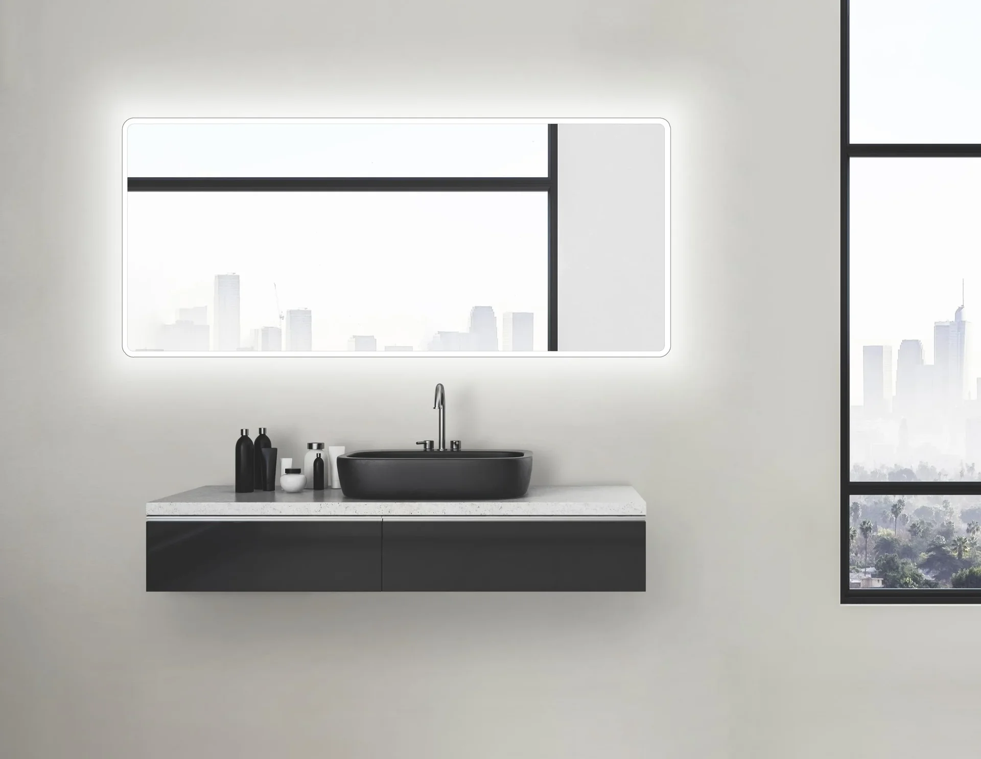 Badezimmerspiegel mit Beleuchtung, "Moon" - 160 x 70 cm - mit umlaufenden Raumlicht - Lichtfarbe neutralweiß - 2