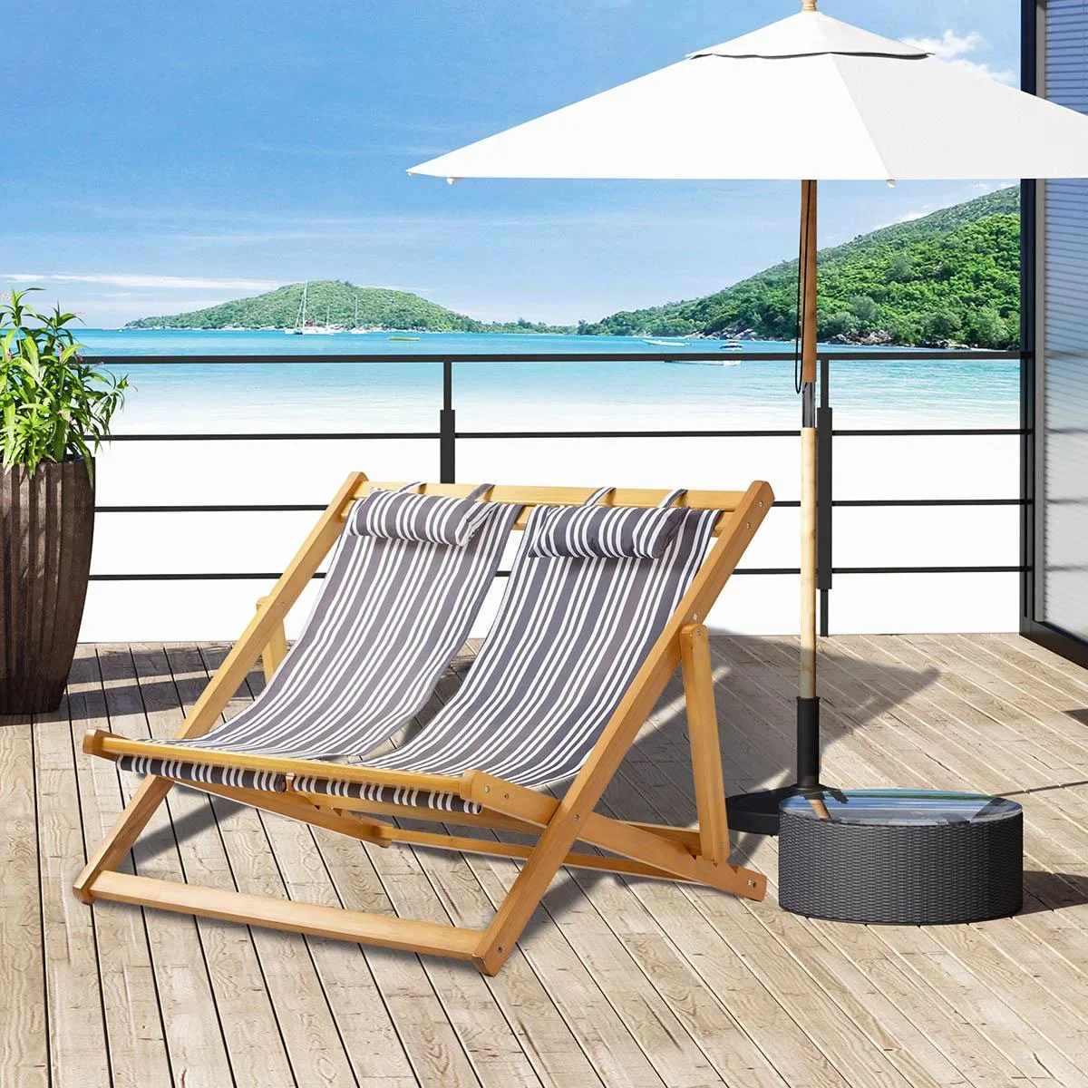 Gartenliege für 2 Personen, klappbar, bis zu 200 kg, Teak+Grau+Weiß, 108 x 105 x 85 cm - 3