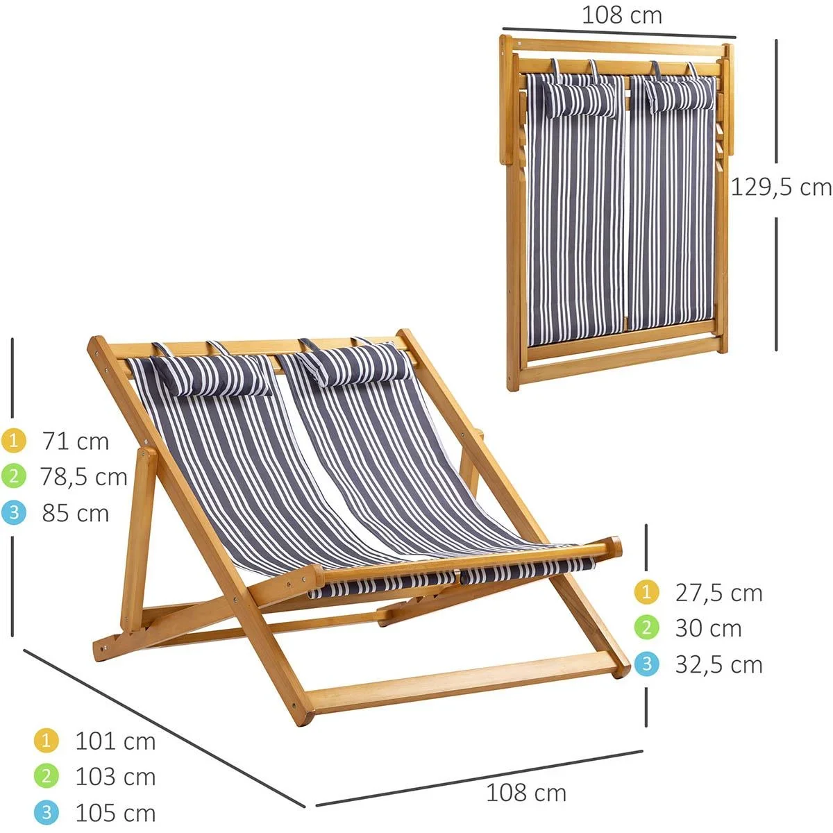 Gartenliege für 2 Personen, klappbar, bis zu 200 kg, Teak+Grau+Weiß, 108 x 105 x 85 cm - 4