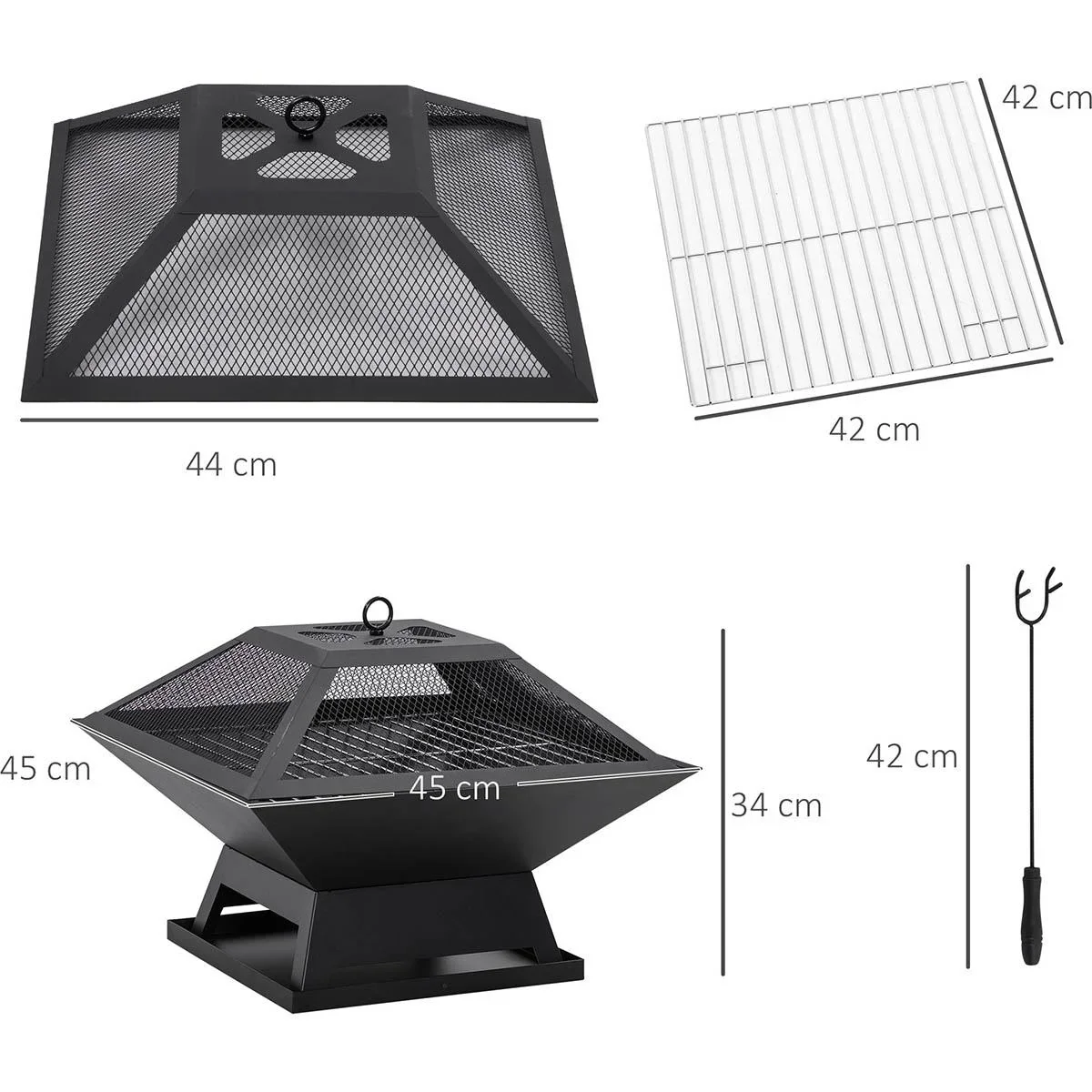 Feuerkorb mit Deckel und BBQ-Grill 45 x 45 x 34 cm - 1