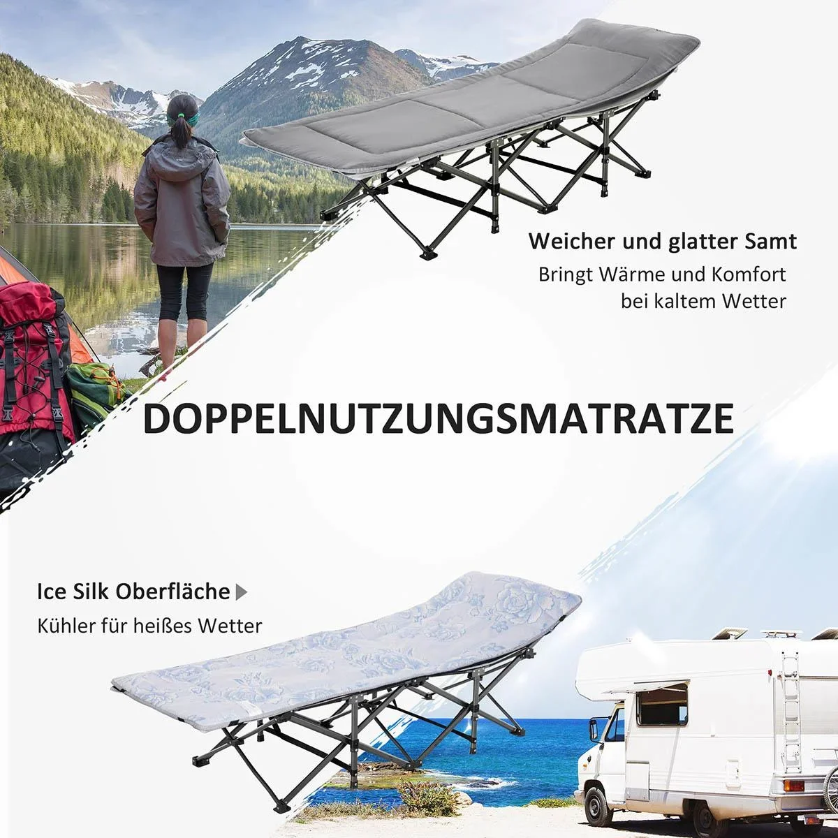 Campingbett klappbar Feldbett Klappbett mit Kopfkissen Seitentasche Matratze Gästebett bis 150 kg belastbar Reisen Outdo - 0