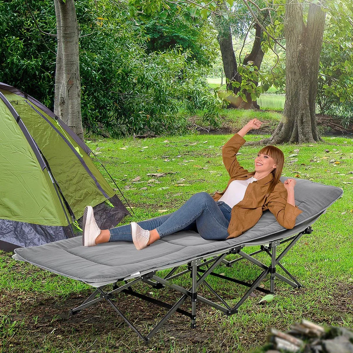 Campingbett klappbar Feldbett Klappbett mit Kopfkissen Seitentasche Matratze Gästebett bis 150 kg belastbar Reisen Outdo - 2