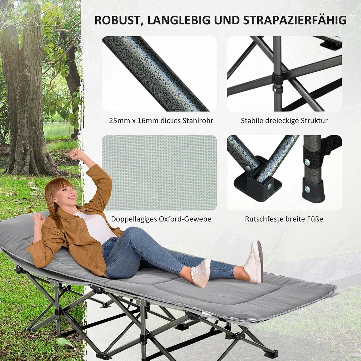Campingbett klappbar Feldbett Klappbett mit Kopfkissen Seitentasche Matratze Gästebett bis 150 kg belastbar Reisen Outdo - 3