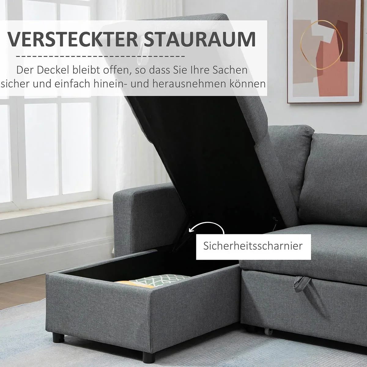 Ecksofa mit Schlaffunktion Stauraum Eckcouch mit Bettkasten Chaiselongue Schlafsofa Stoffsofa L-Form Leinen-Touch Hellgr - 1