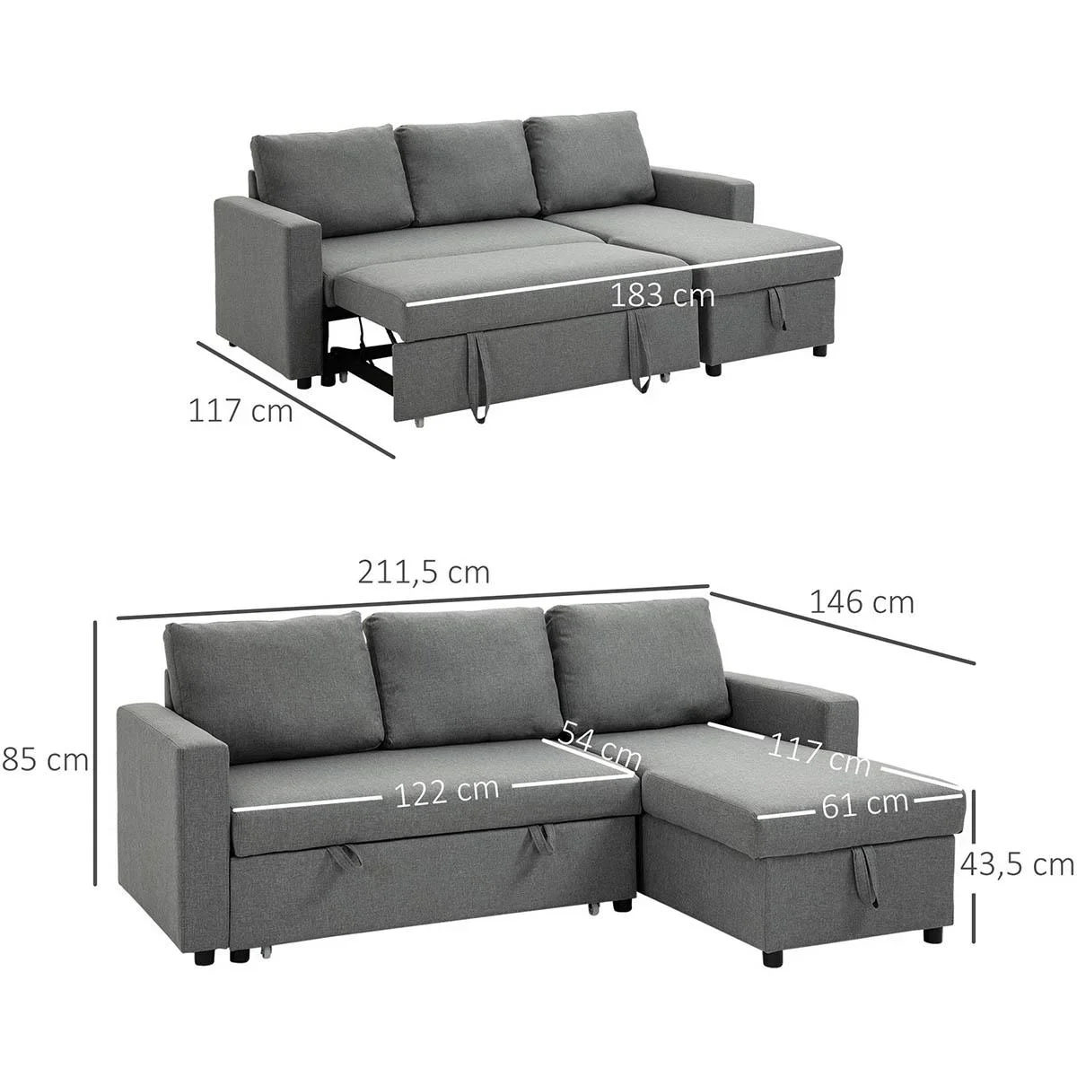 Ecksofa mit Schlaffunktion Stauraum Eckcouch mit Bettkasten Chaiselongue Schlafsofa Stoffsofa L-Form Leinen-Touch Hellgr - 2