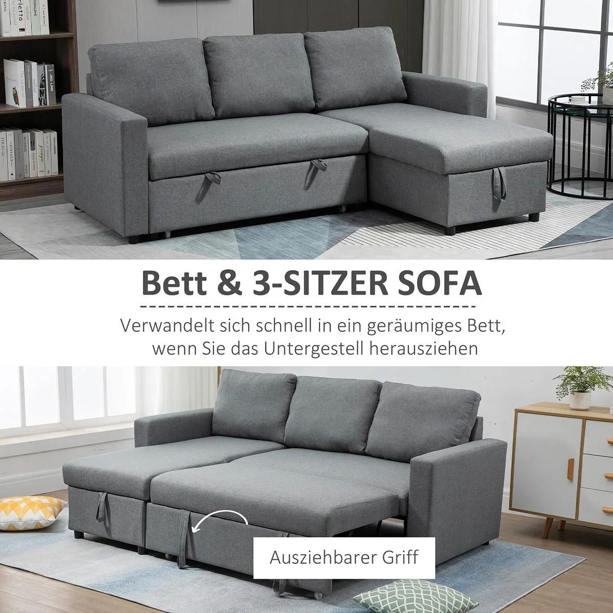 Ecksofa mit Schlaffunktion Stauraum Eckcouch mit Bettkasten Chaiselongue Schlafsofa Stoffsofa L-Form Leinen-Touch Hellgr - 3