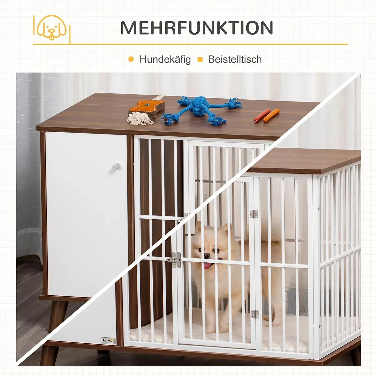 Hundekäfig aus Holz mit Schrank Kissen Tischoberfläche erhöhtes Design Hundebox für mittelgroße kleine Hunde innen Zuhau - 1