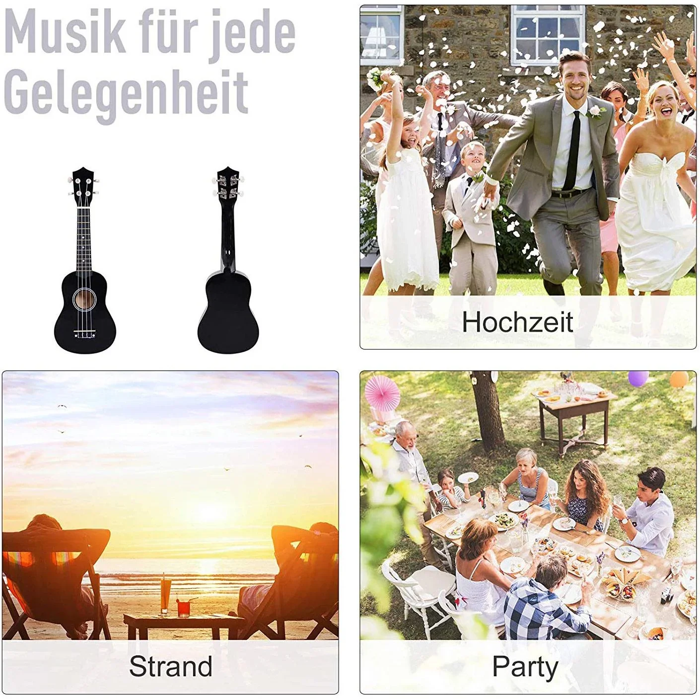 Ukulele Saiteninstrument Anfänger Nylonsaiten Birkenholz Schwarz 53 x 17,5 x 6,2 cm - 4