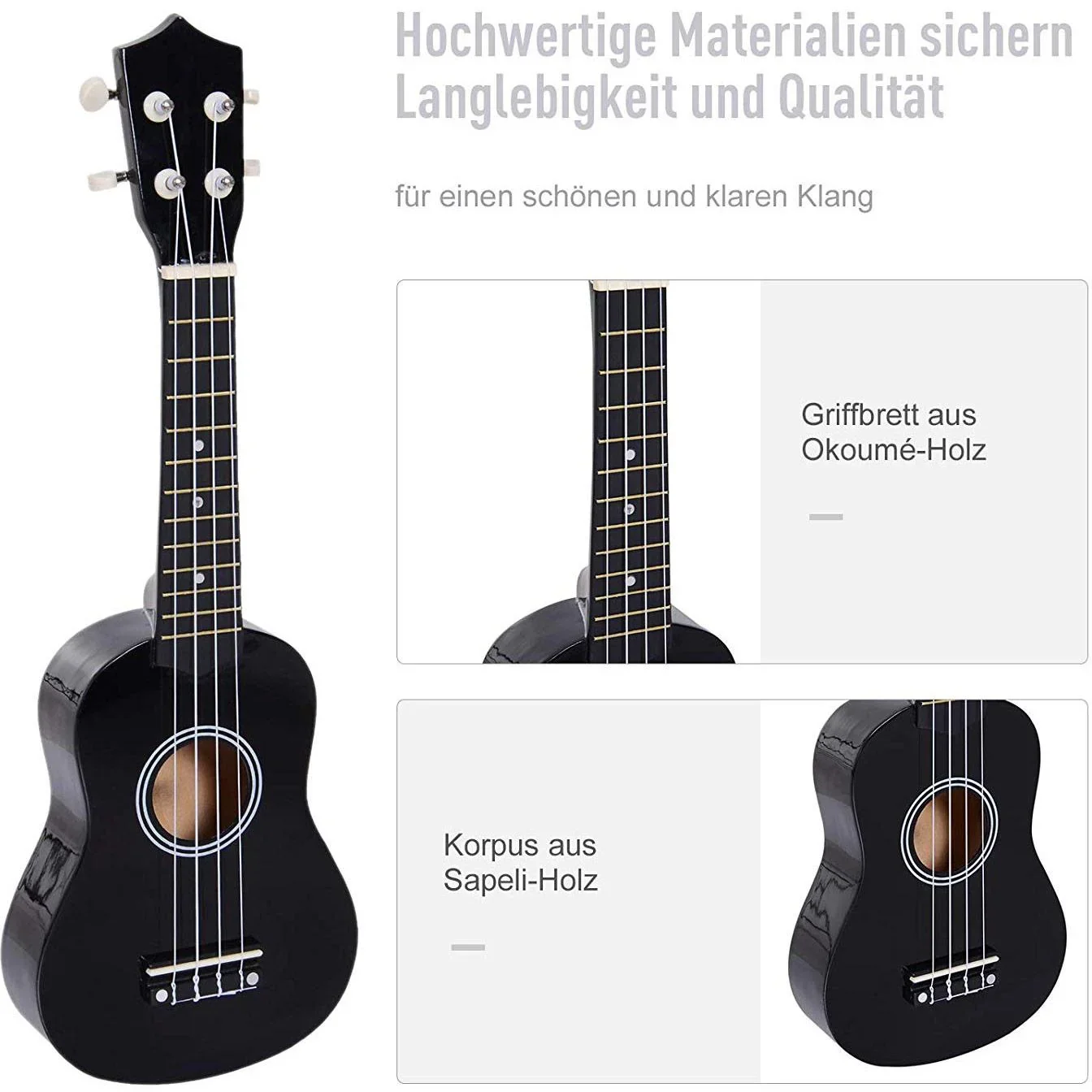 Ukulele Saiteninstrument Anfänger Nylonsaiten Birkenholz Schwarz 53 x 17,5 x 6,2 cm - 6