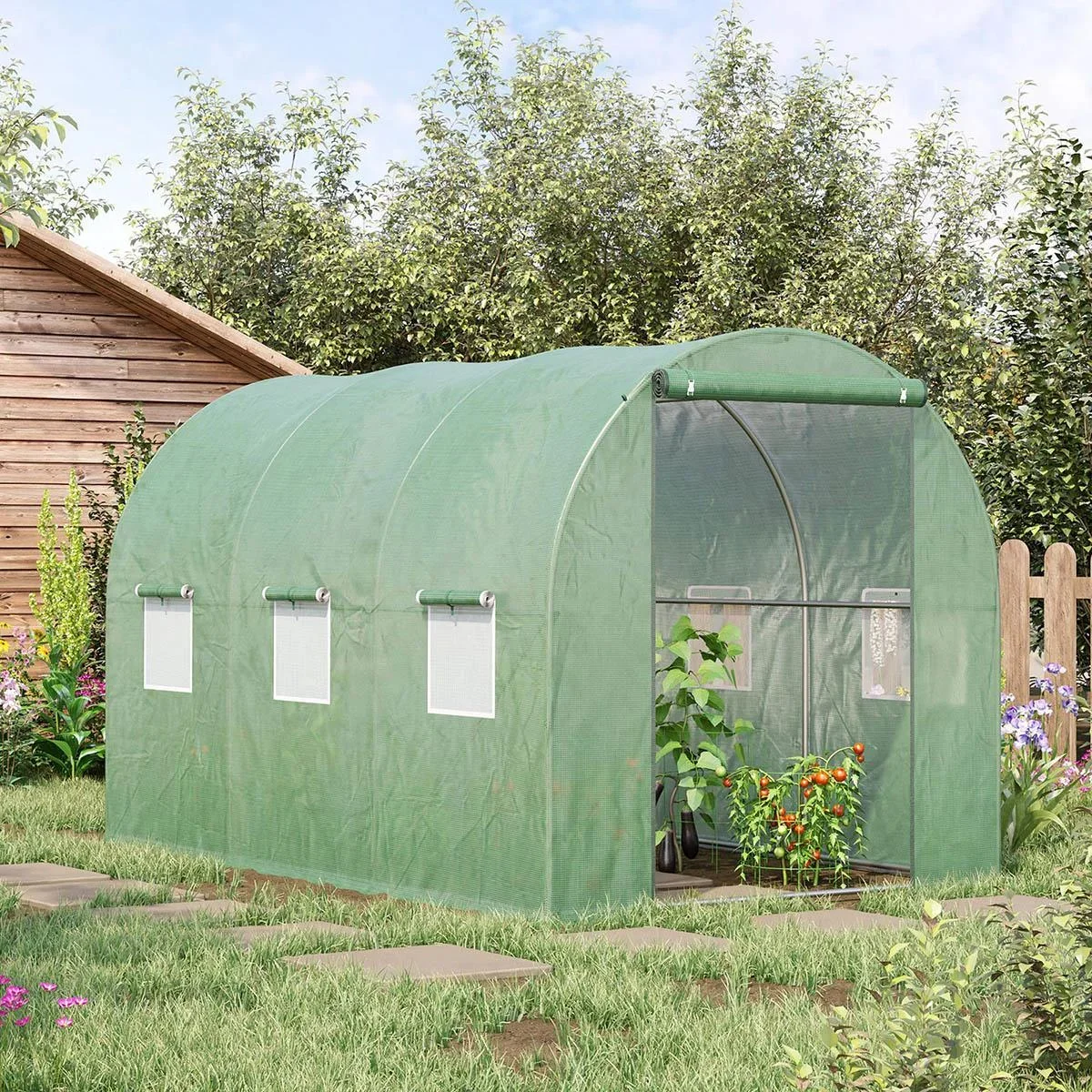 Foliengewächshaus begehbares Gewächshaus 3 x 2 m Polytunnel Folientunnel Treibhaus Frostschutz Stahlrohr Dunkelgrün - 0