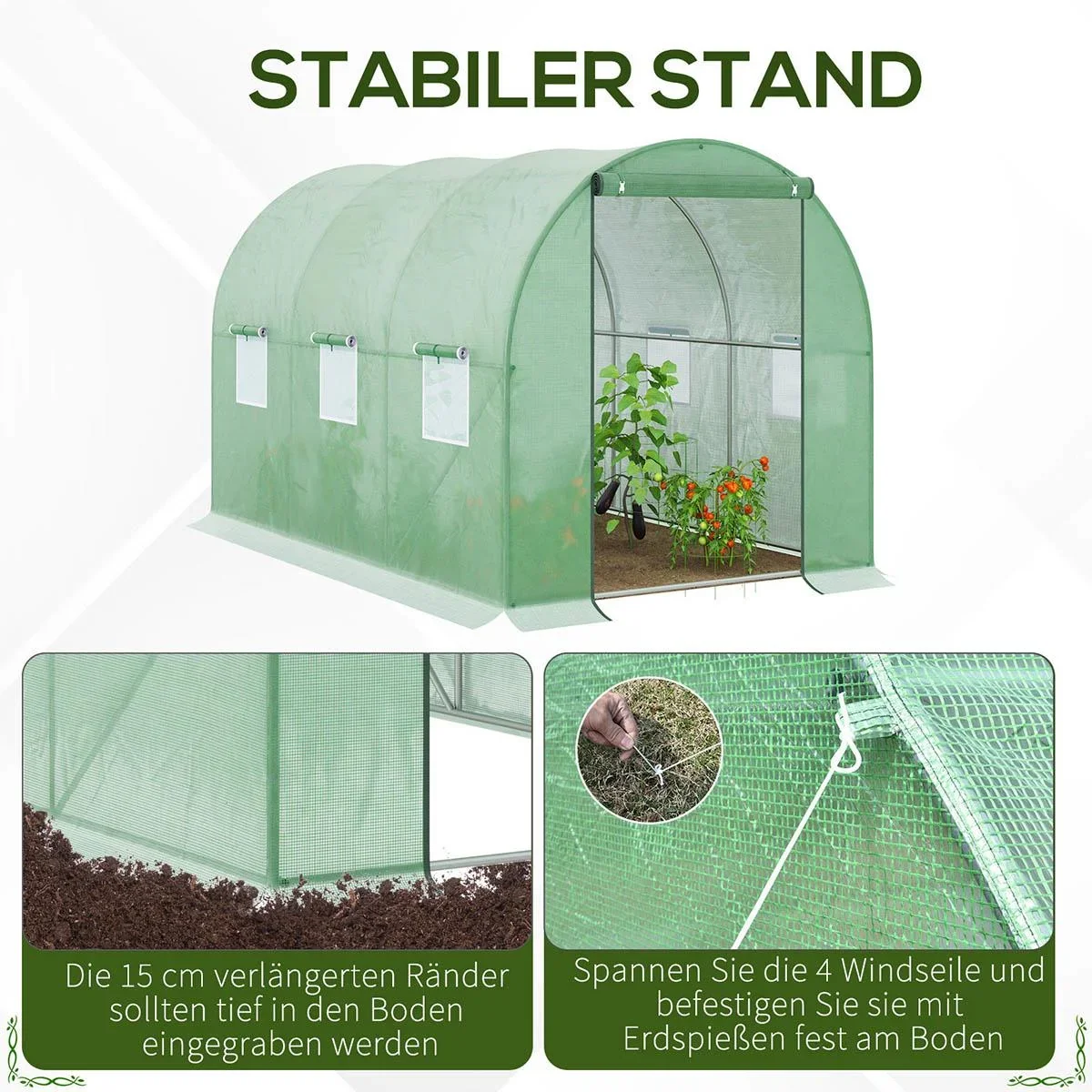 Foliengewächshaus begehbares Gewächshaus 3 x 2 m Polytunnel Folientunnel Treibhaus Frostschutz Stahlrohr Dunkelgrün - 2