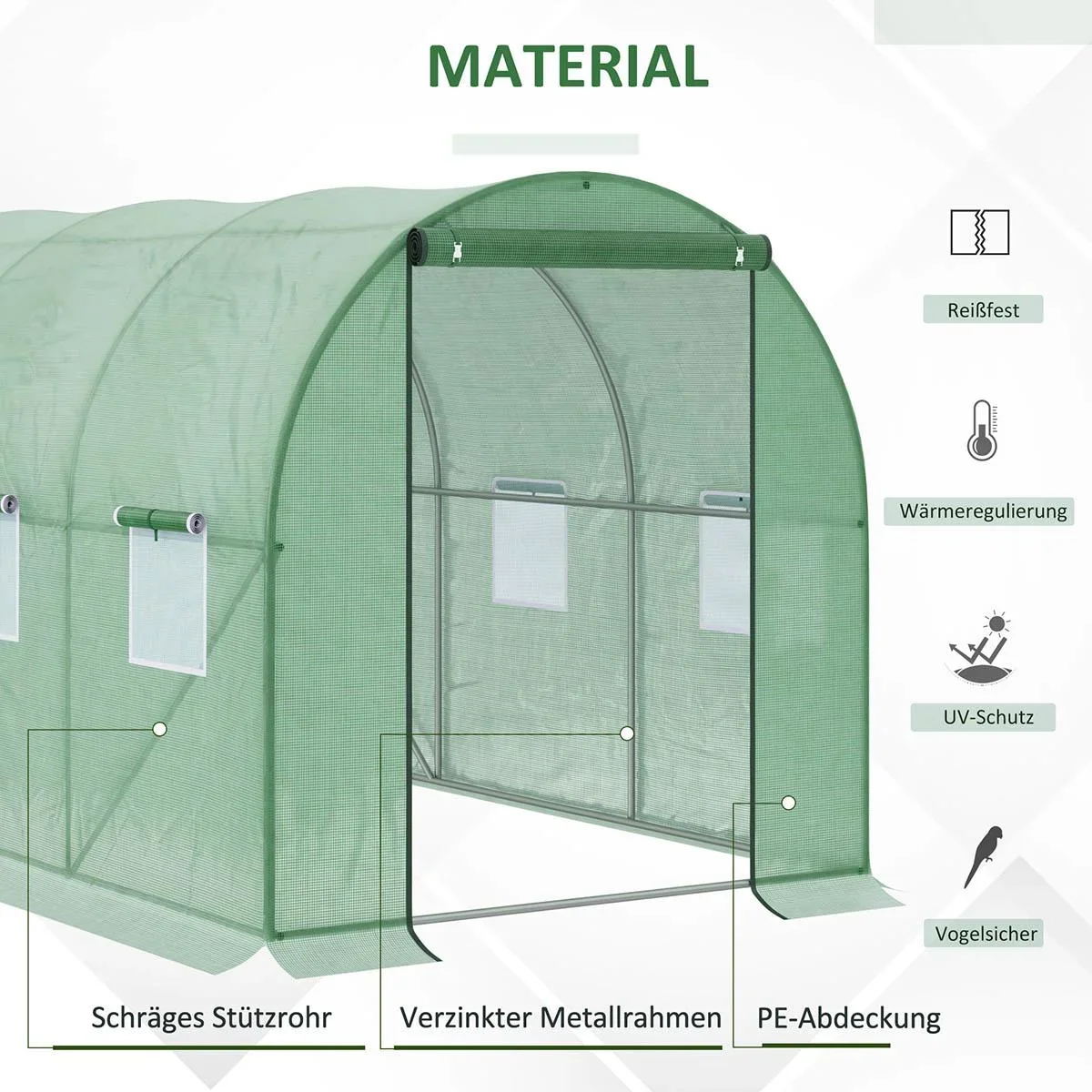Foliengewächshaus begehbares Gewächshaus 3 x 2 m Polytunnel Folientunnel Treibhaus Frostschutz Stahlrohr Dunkelgrün - 3