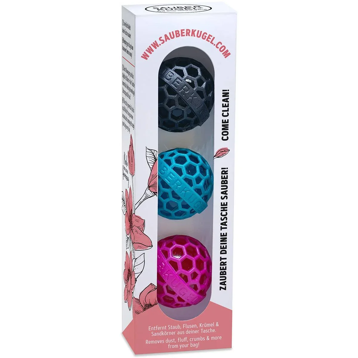 Sauberkugel - Taschenreiniger - Reinigungskugel - Wiederverwendbar - 3er-Pack - 3 Farben - 6