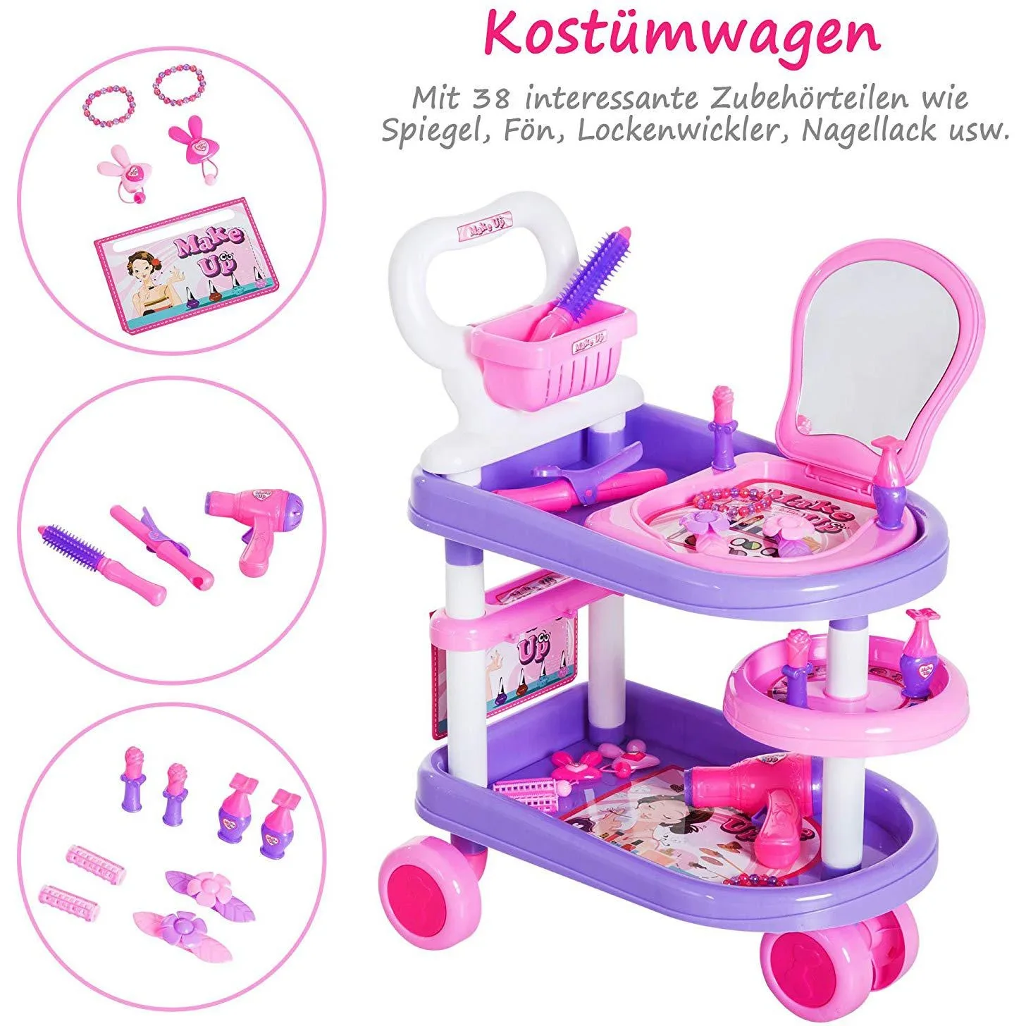 Kinder Mädchen Dresser Trolley Kosmetikwagen Rollenspiel Lila Rosa - 0