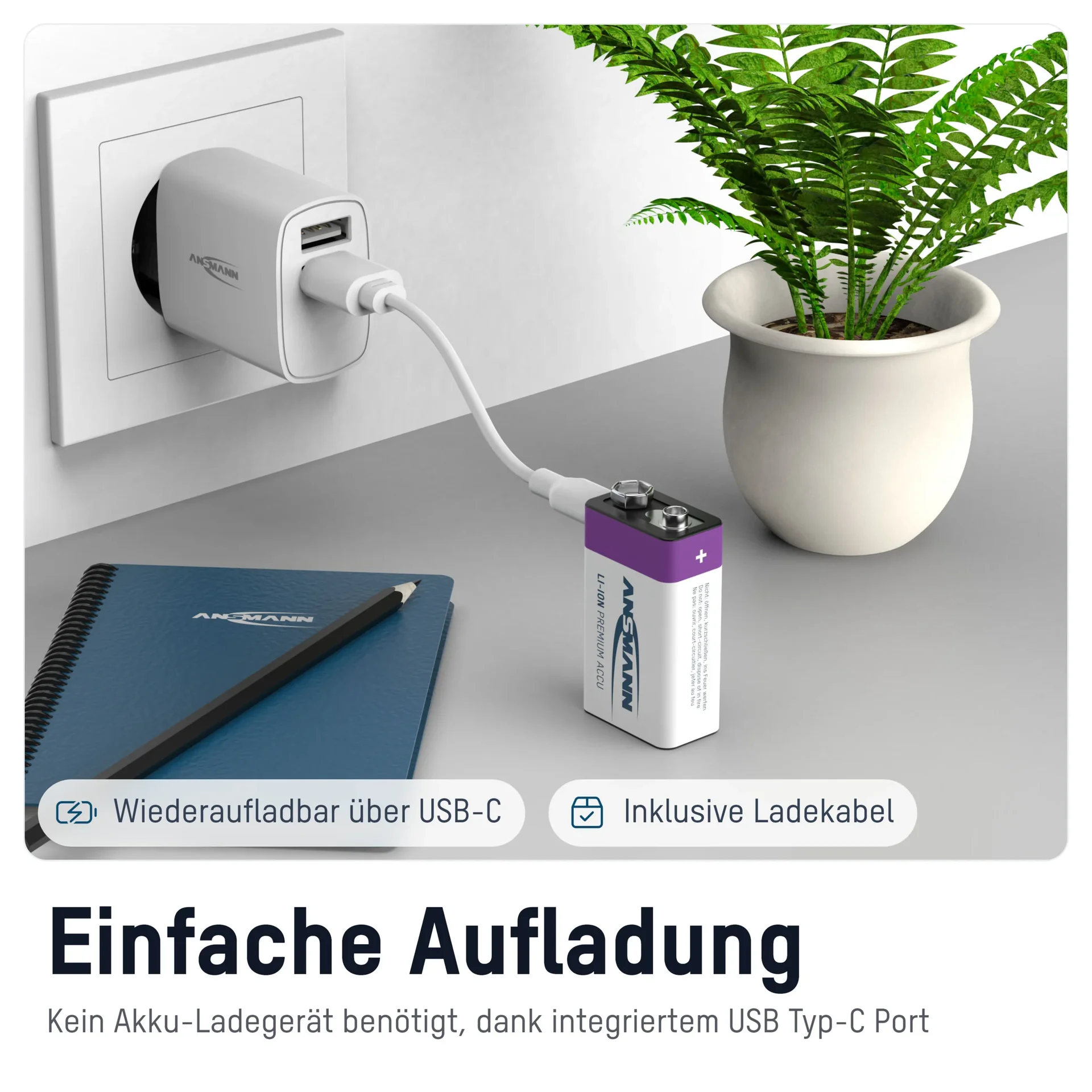 Lithium Ionen 9V E-Block Akku USB-C 1 Stück, Sicherheitsabschaltung - 6
