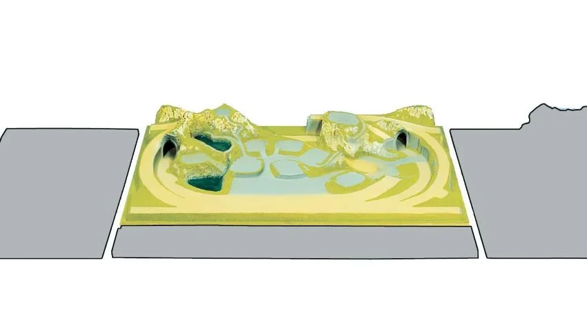 Fertiggelände Schönmühlen - 160 x 100 cm, ca. 25 cm hoch, Spur H0, TT, koloriert und begrast, auf Holzrahmen - 2