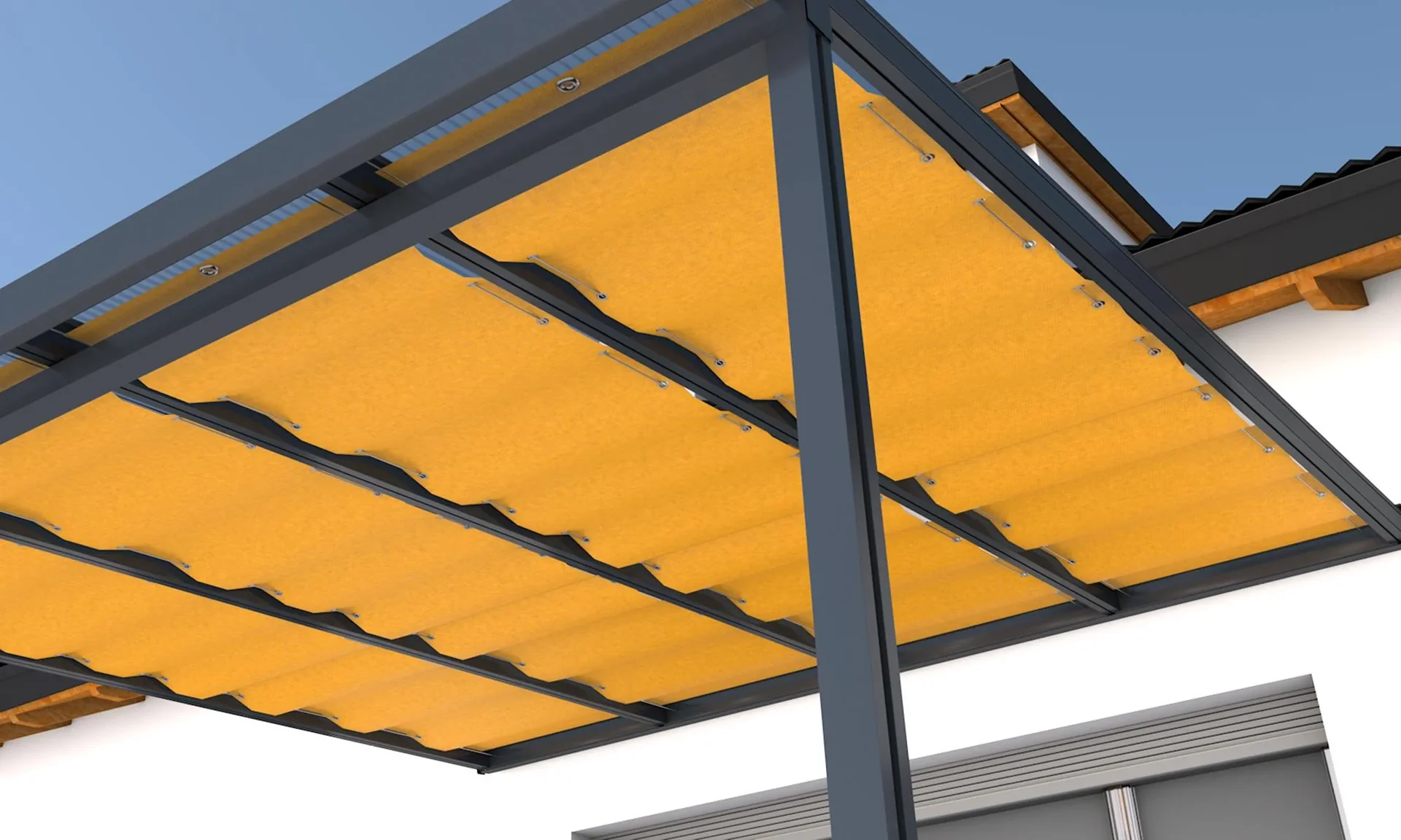 Beschattung mit Seilführung, 945 x 4900 mm - Stoff Golden Crops, orange gestreift, passend für Dachtiefe 5 m - 0