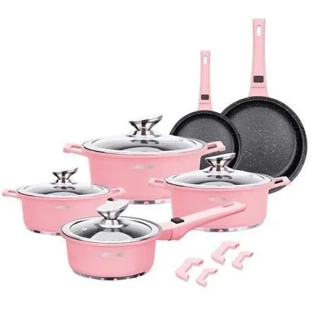 Kochgeschirr aus Aluminiumguss -14 Teile, einschließlich Deckel und Griffe - Rosa - 5