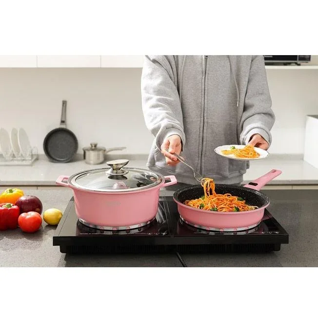 Kochgeschirr aus Aluminiumguss -14 Teile, einschließlich Deckel und Griffe - Rosa - 6