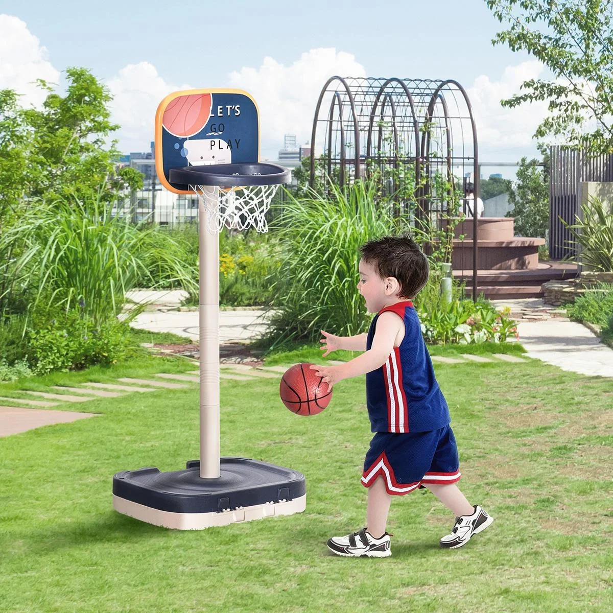 Kinder Basketballständer Basketballkorb einstellbar höhenverstellbar tragbar leicht mit Ball und Pumpe Lila+Weiß 58,5x56 - 2