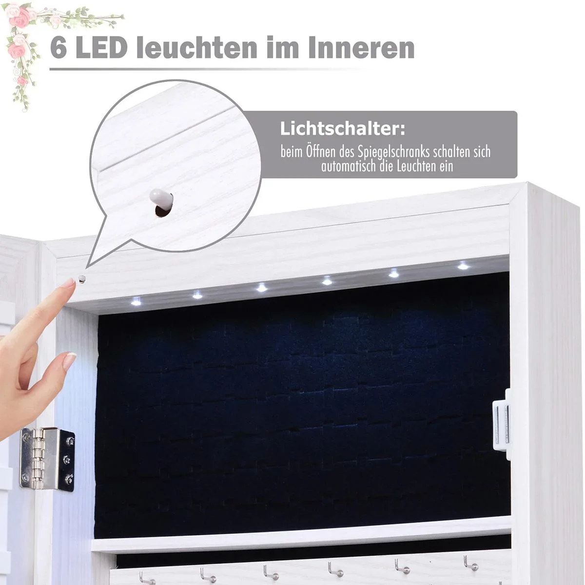 LED Schmuckschrank mit Spiegel hellgrau - 3