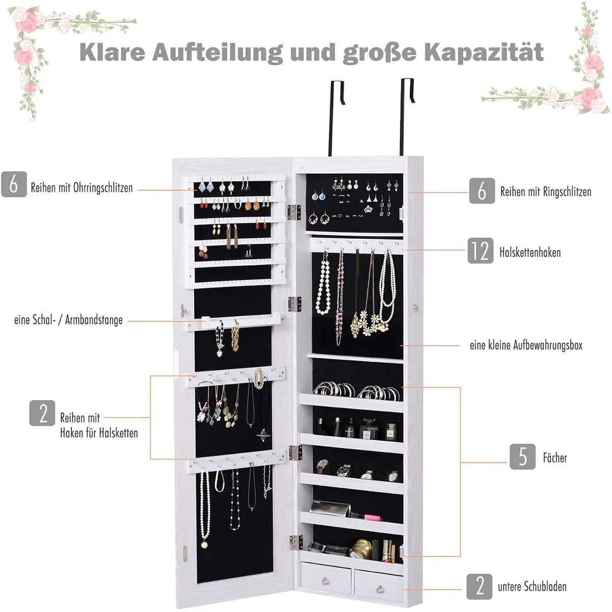 LED Schmuckschrank mit Spiegel hellgrau - 6
