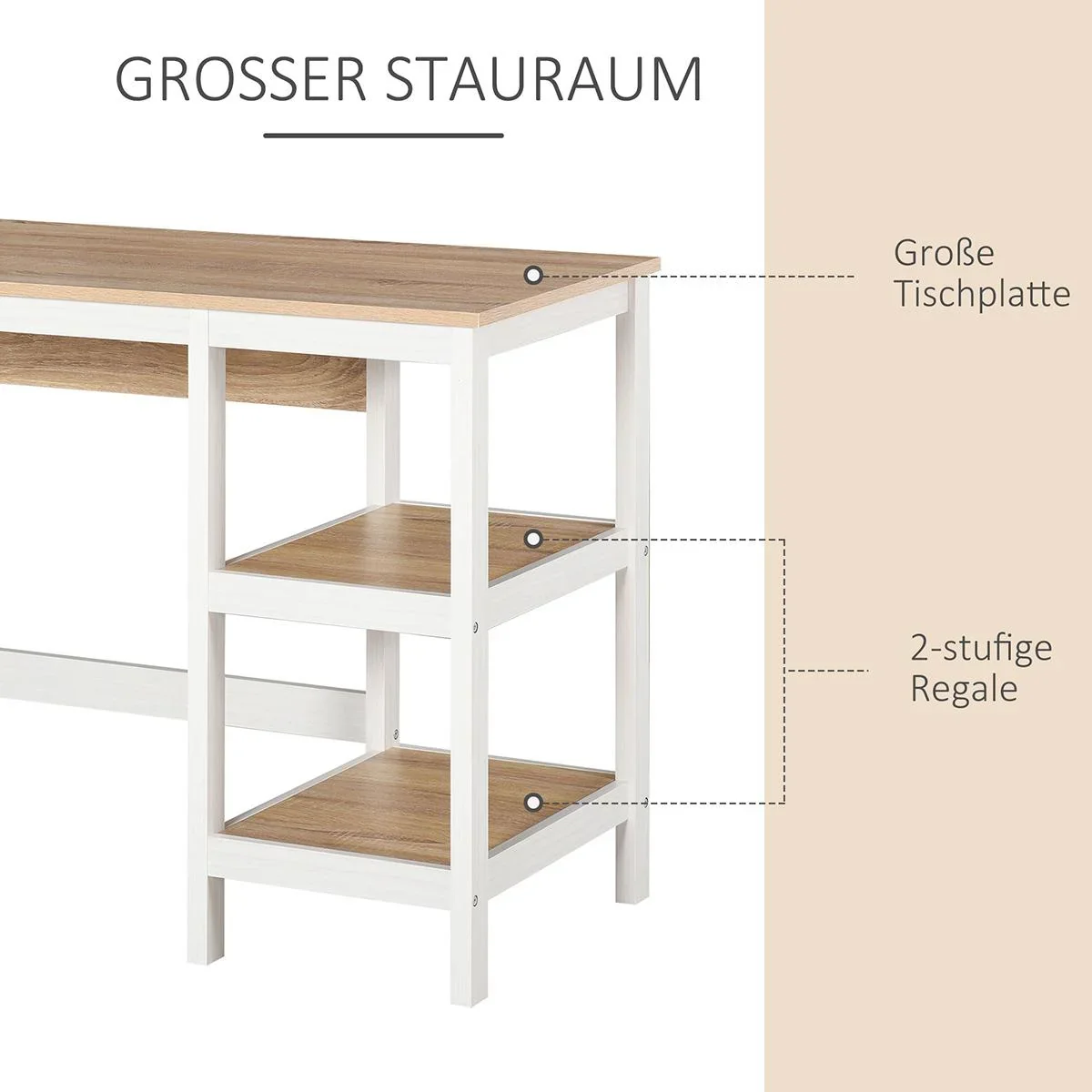 Schreibtisch mit 2 Ebenen Regal, Computertisch, Bürotisch, MDF, Natur+Weiß, 110 x 48 x 76,2 cm - 1