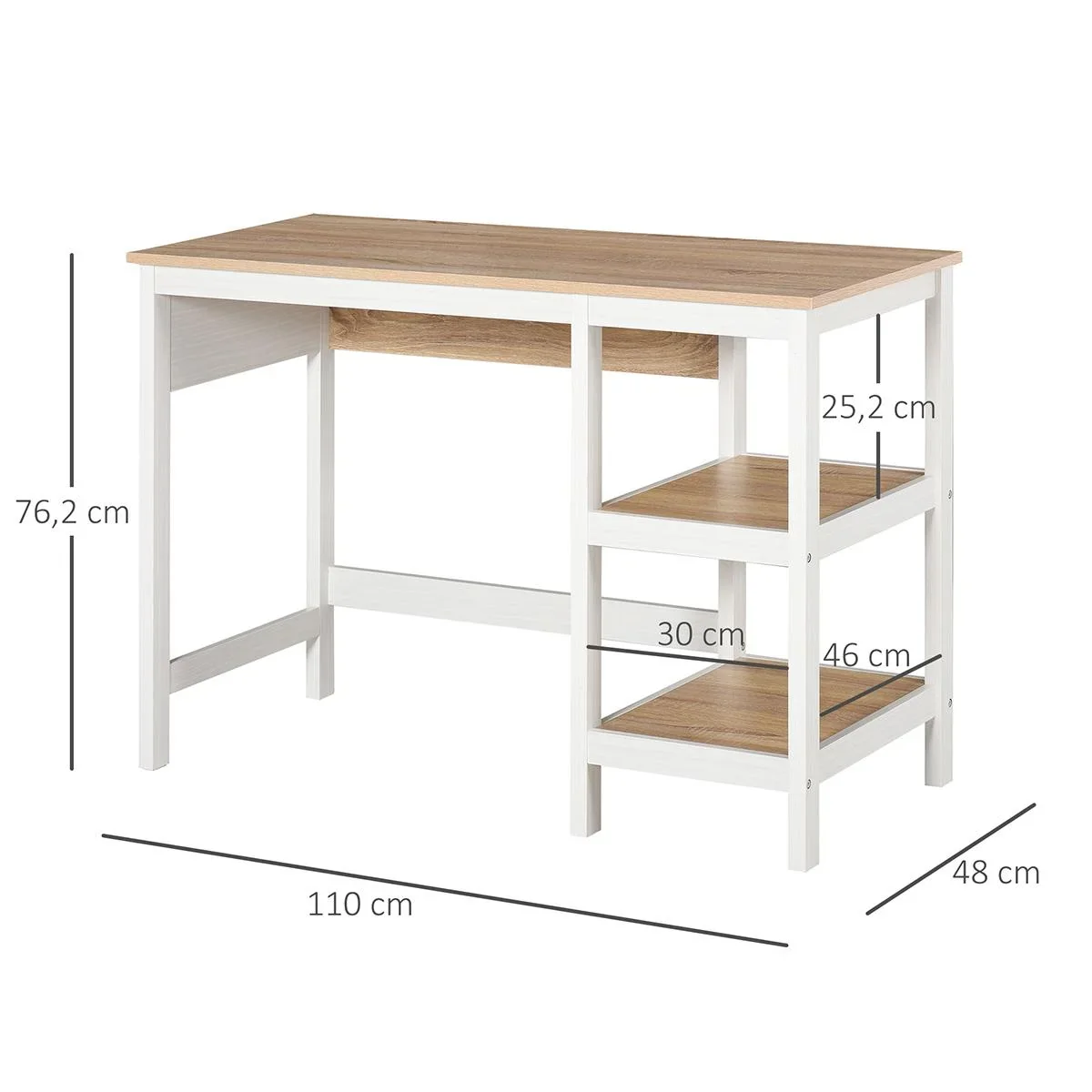Schreibtisch mit 2 Ebenen Regal, Computertisch, Bürotisch, MDF, Natur+Weiß, 110 x 48 x 76,2 cm - 2