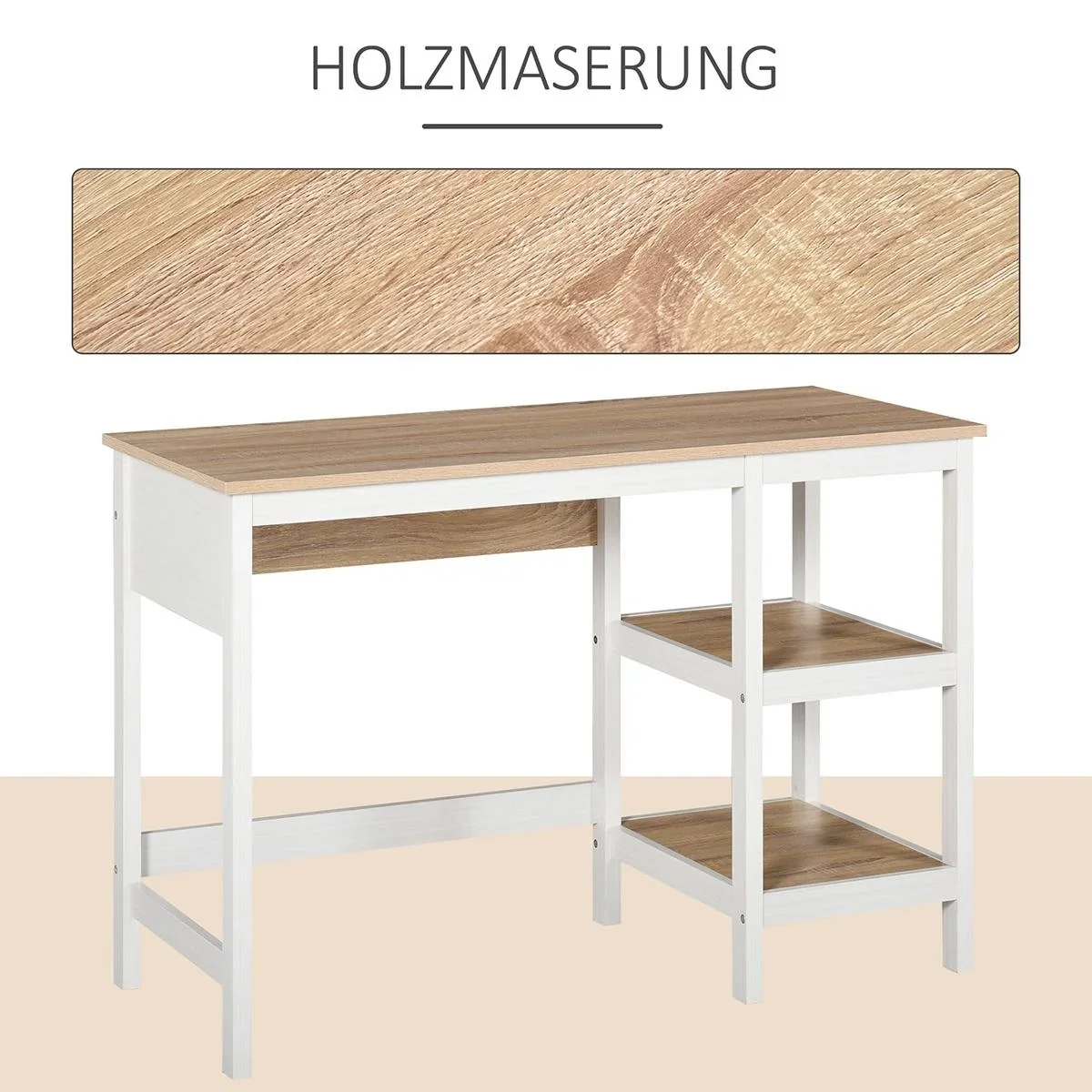 Schreibtisch mit 2 Ebenen Regal, Computertisch, Bürotisch, MDF, Natur+Weiß, 110 x 48 x 76,2 cm - 3