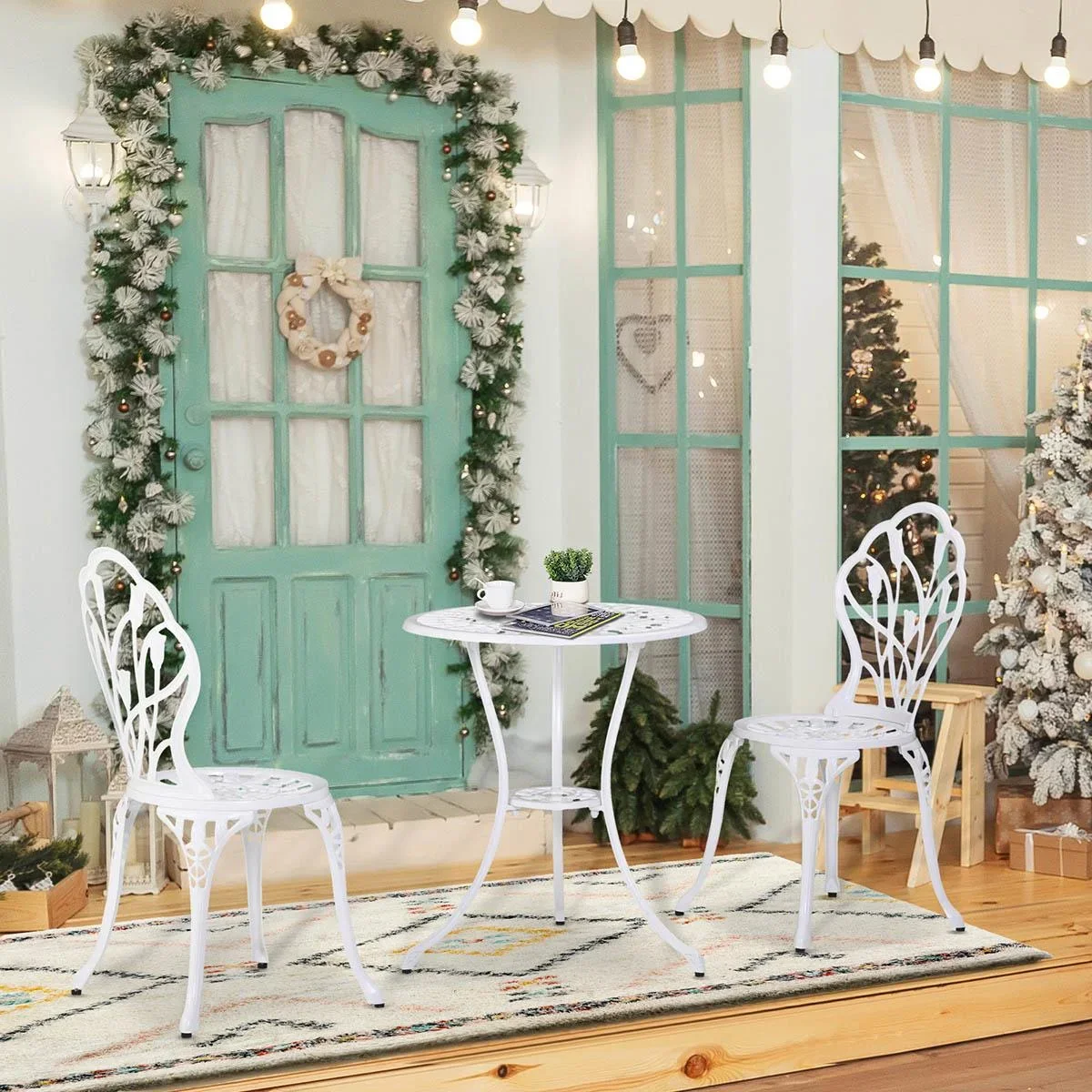 Sitzgruppe 3-teilige Essgruppe Gartenmöbel-Set 1 Tisch+2 Stühle mit Schirmloch Terrasse Aluminium Weiß Ø60 x 67H cm - 0