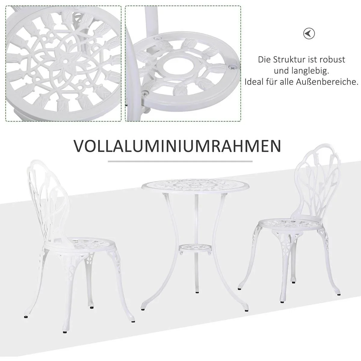 Sitzgruppe 3-teilige Essgruppe Gartenmöbel-Set 1 Tisch+2 Stühle mit Schirmloch Terrasse Aluminium Weiß Ø60 x 67H cm - 1