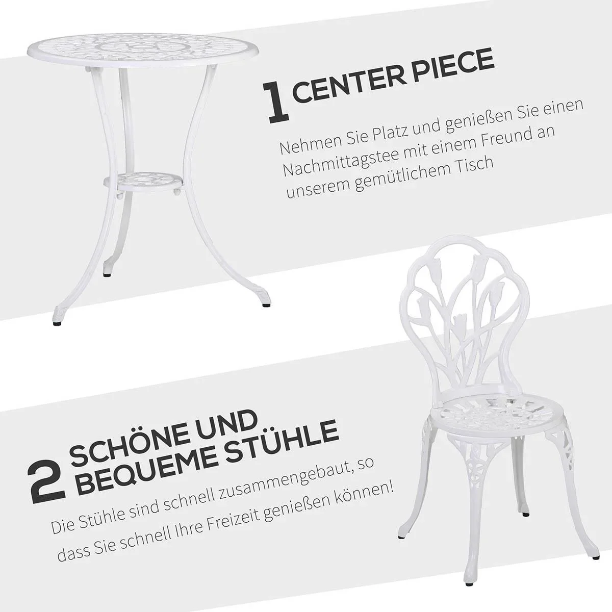 Sitzgruppe 3-teilige Essgruppe Gartenmöbel-Set 1 Tisch+2 Stühle mit Schirmloch Terrasse Aluminium Weiß Ø60 x 67H cm - 2