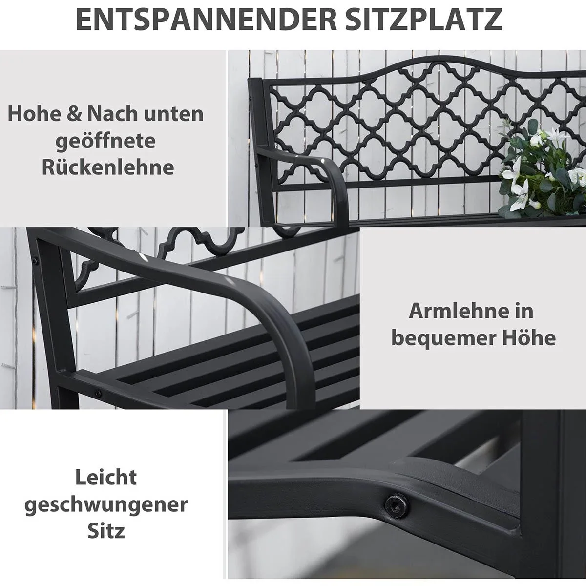 Gartenbank 2-Sitzer Parkbank aus Metall Sitzbank bis 280 kg Bank Terrassenbank mit Rücken- & Armlehnen Gartenmöbel Gusse - 3