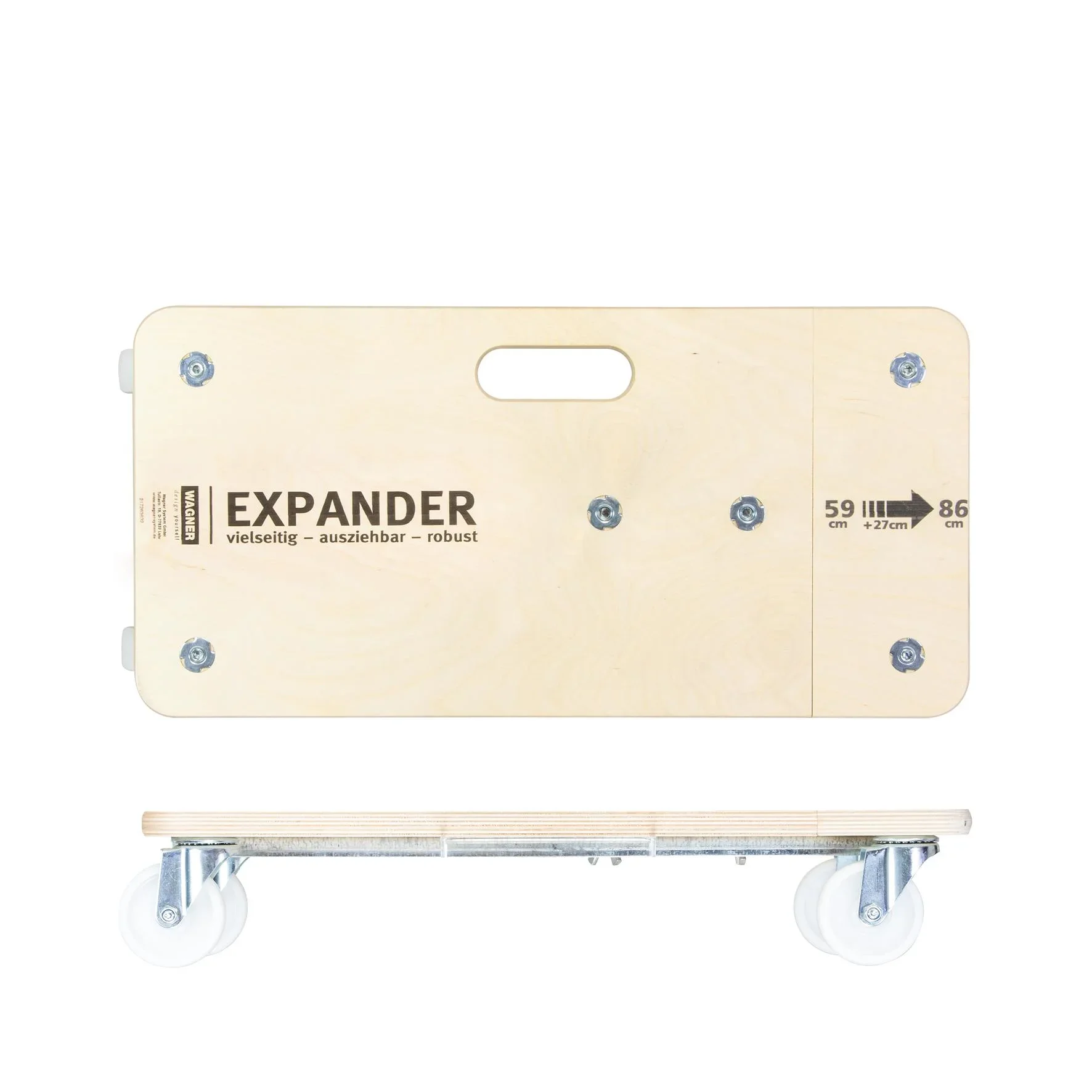 Transporthilfe MM 1331, 59-86 x 29 x 11 cm ausziehbar, harte Rollen Ø 75 mm, Rollenlager, Birke FSC®, Tragkraft 200 kg - 2