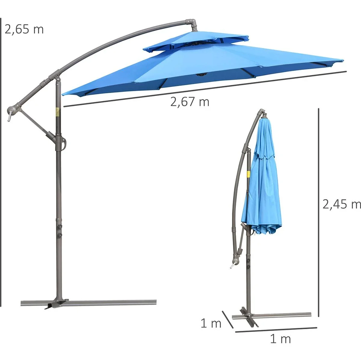 Sonnenschirm Ø2,67 x 2,7 m Pendelsonnenschirm mit Doppeldach Kreuzfuß Stahl Outdoor Polyester Blau - 0