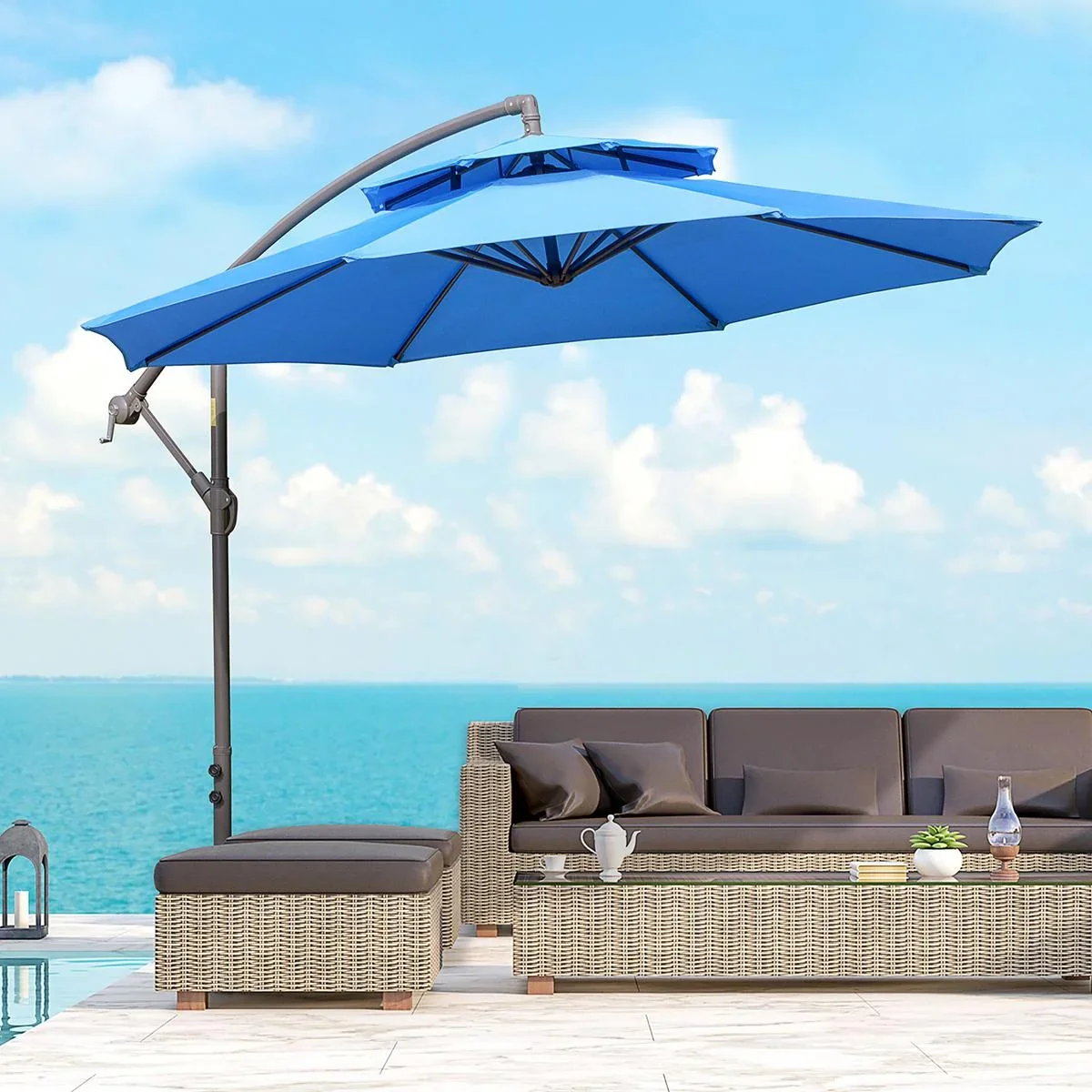 Sonnenschirm Ø2,67 x 2,7 m Pendelsonnenschirm mit Doppeldach Kreuzfuß Stahl Outdoor Polyester Blau - 2