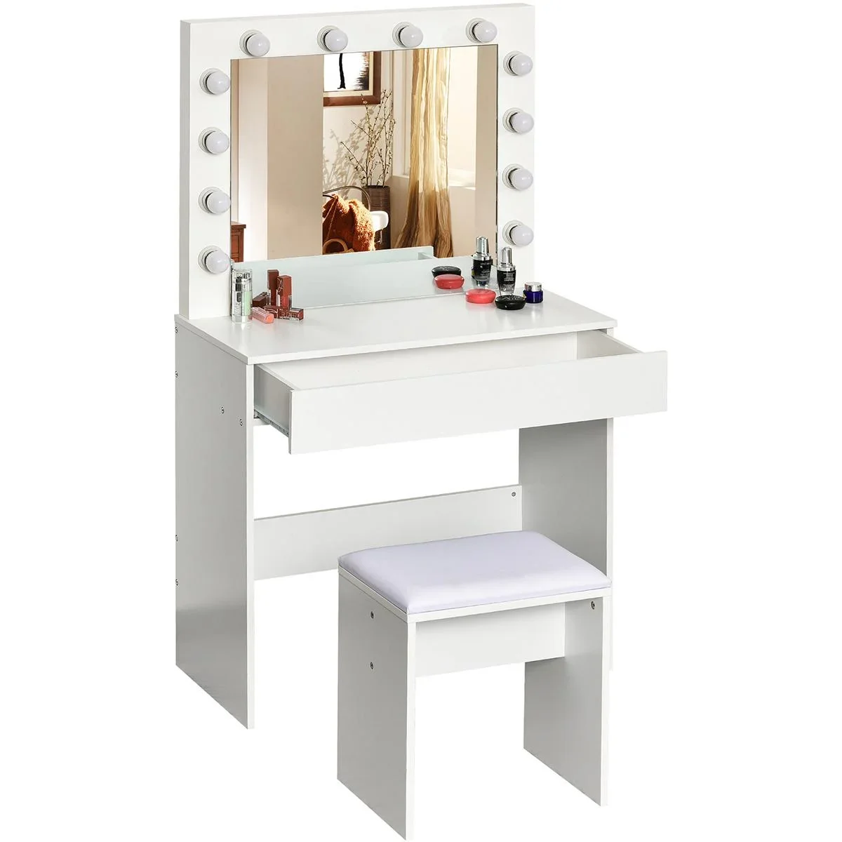 Frisierkommode mit Hocker und LED-Beleuchtung - 0