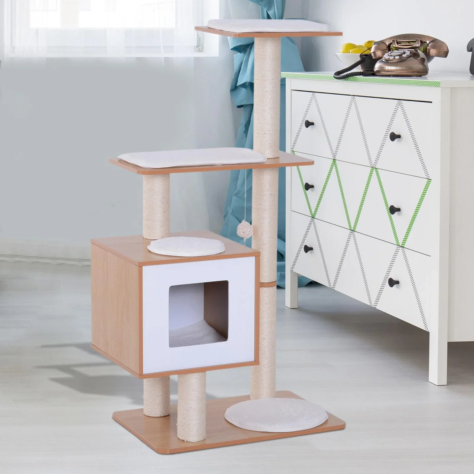 Kratzbaum Katzenspielzeug Kletterbaum Sisal Polster Liegefläche Ball natur 60 x 40 x 120 cm - 5