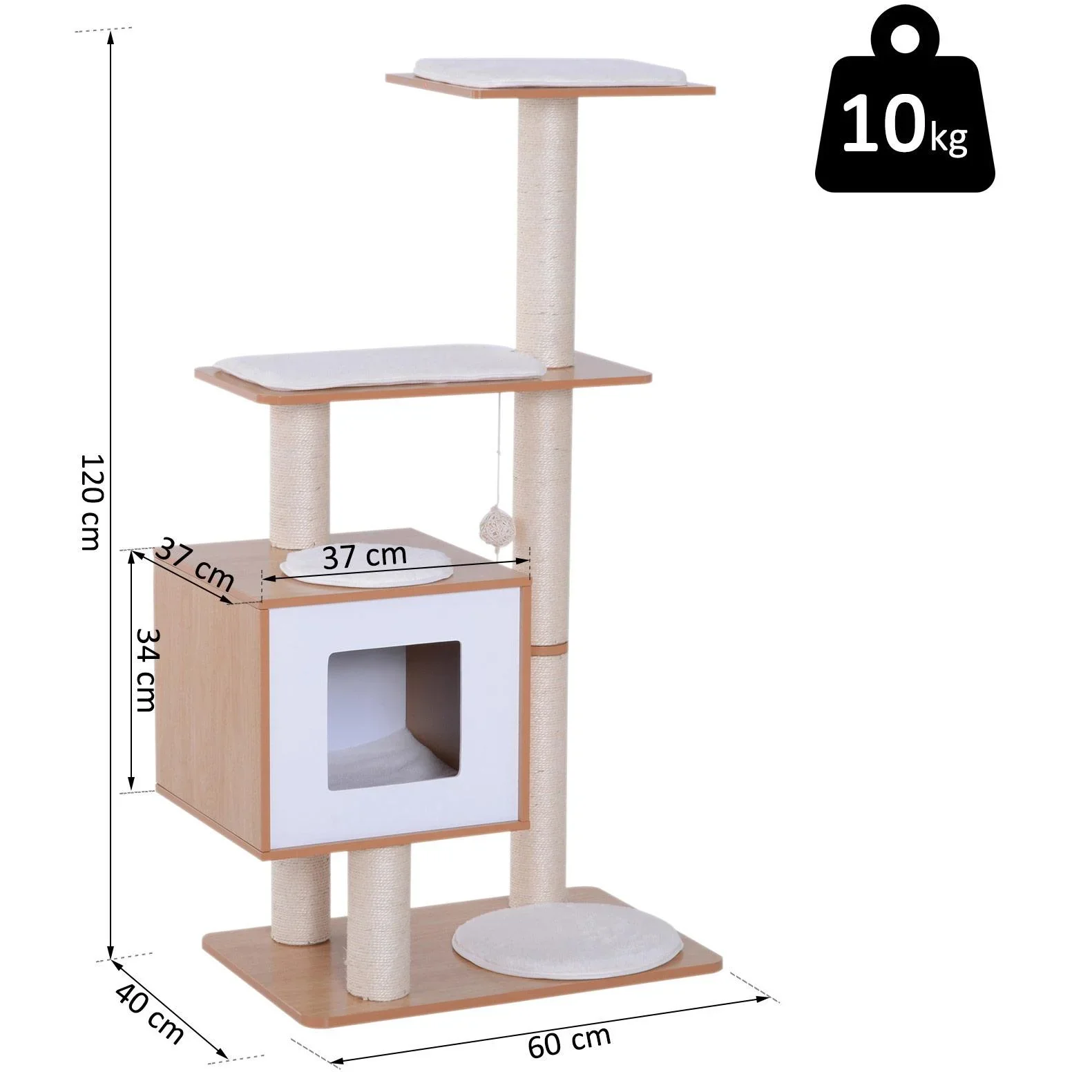 Kratzbaum Katzenspielzeug Kletterbaum Sisal Polster Liegefläche Ball natur 60 x 40 x 120 cm - 6
