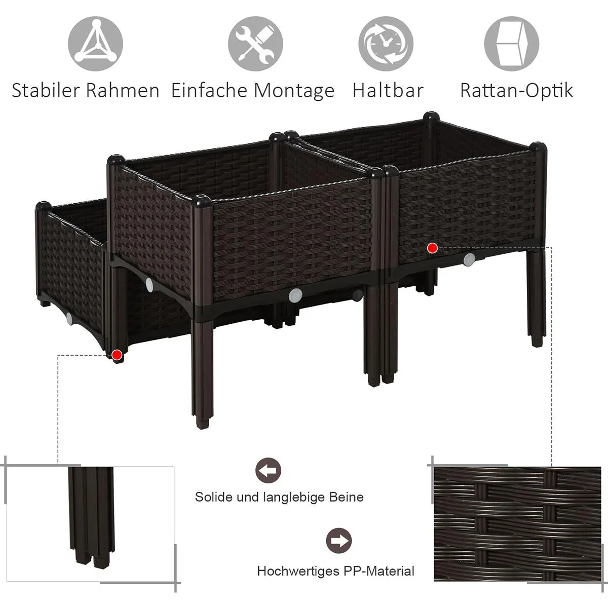 4-teiliges Hochbeet in Rattan-Optik dunkelbraun - 5
