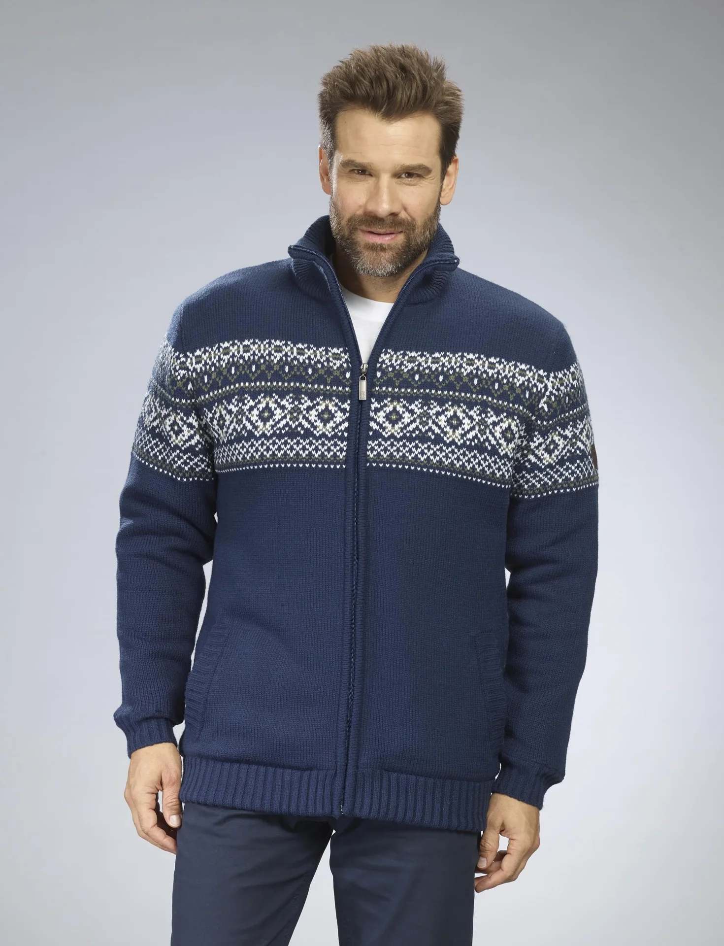 Strickjacke mit Berberfleece, Farbe marine, Gr.M - 1