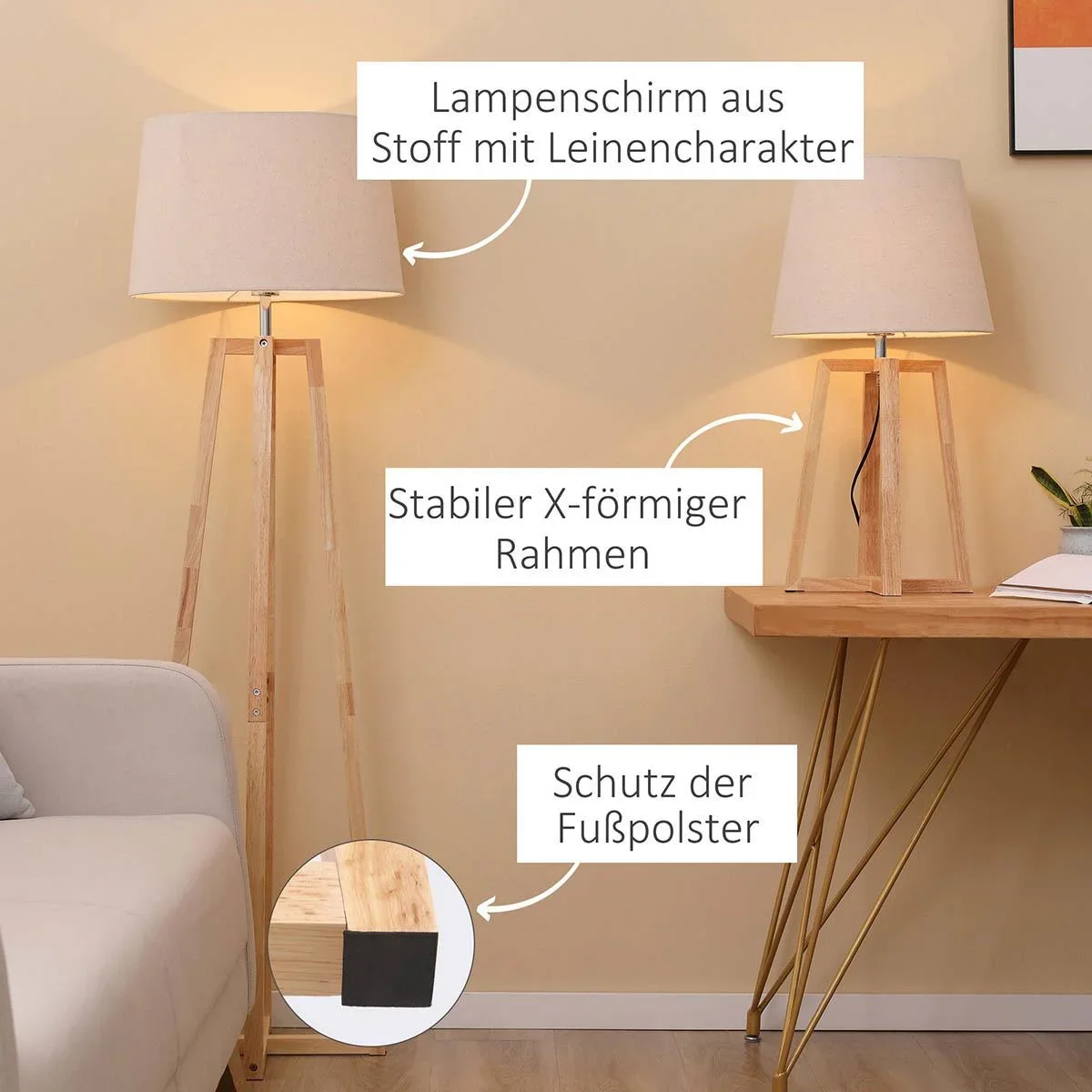 Stehlampe mit 1 Tischlampe 2er-Set Nachttischlampe 149 cm/68 cm Höhe Stehleuchte für Wohnzimmer Schlafzimmer Skandi-Desi - 2