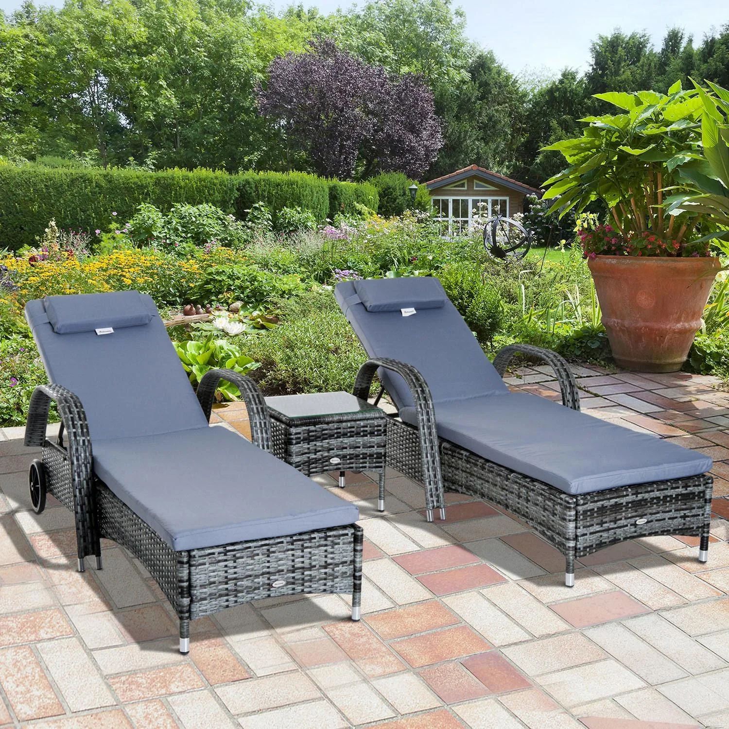 Sonnenliege Gartenliege Tisch 3er-Set Gartenmöbel Polyrattan + Metall Grau höhenverstellbar - 1