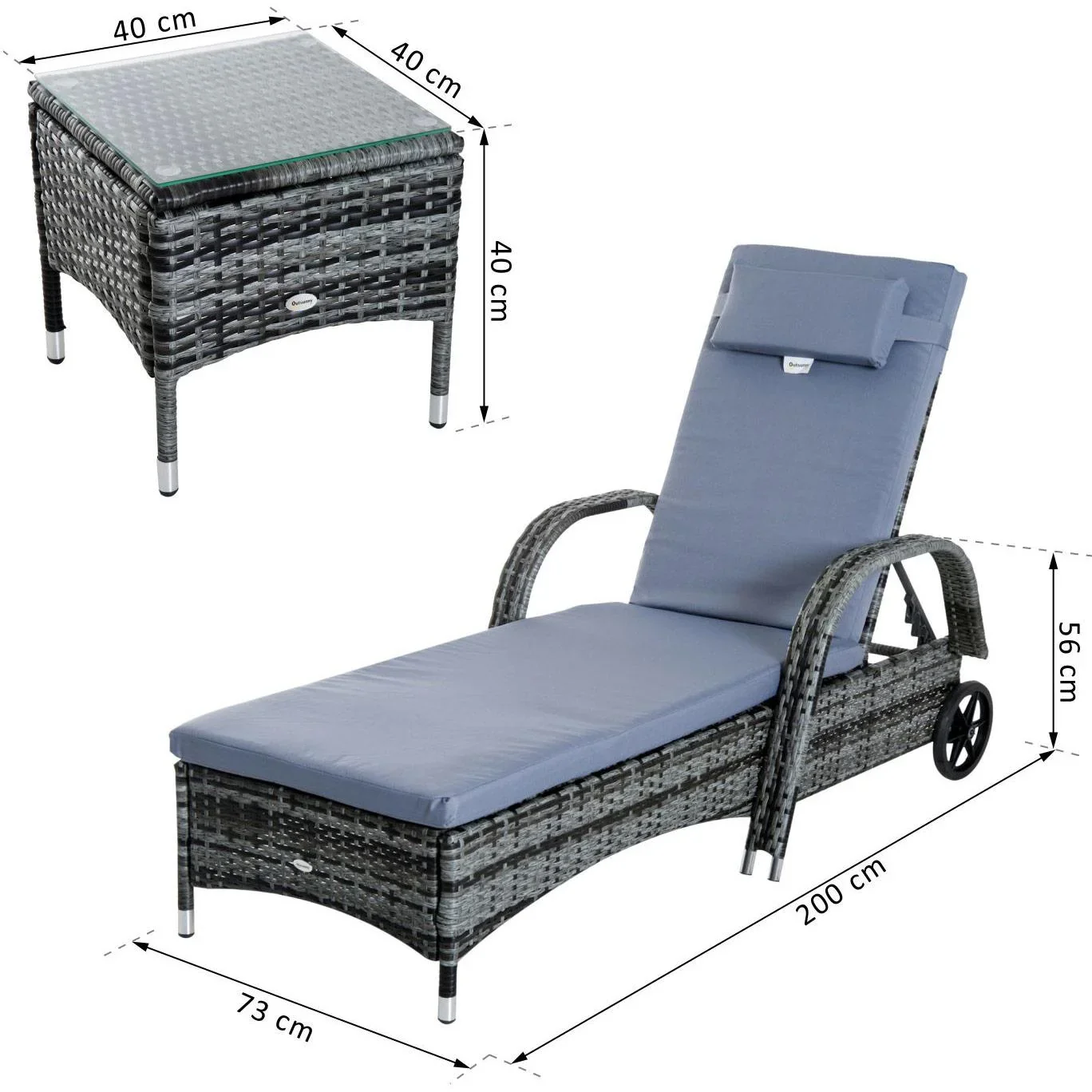 Sonnenliege Gartenliege Tisch 3er-Set Gartenmöbel Polyrattan + Metall Grau höhenverstellbar - 4