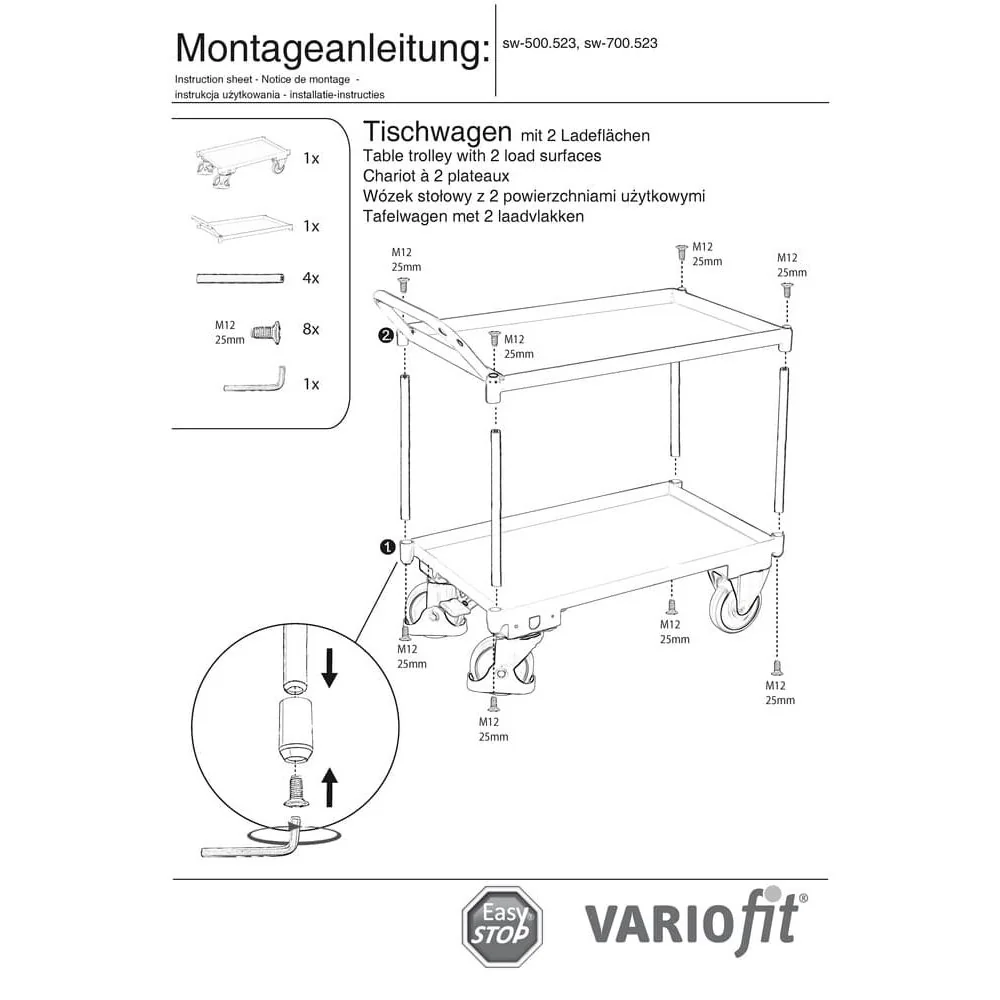 Tischwagen mit 2 Etagen, Wannenrand 40 mm hoch, hoher Schiebebügel + EasySTOP-0