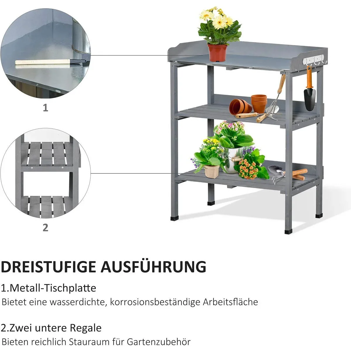 Pflanztisch Gärtnertisch Blumentisch mit Metall Arbeitsfläche Garten Holz Grau 76 x 37 x 89 cm - 2